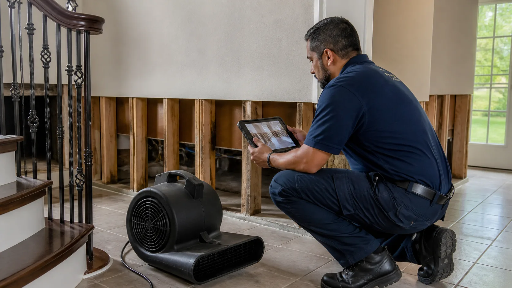 A technician kneels on a tiled floor, holding a tablet and inspecting exposed wall studs, with a large black fan nearby and a staircase to the left.
