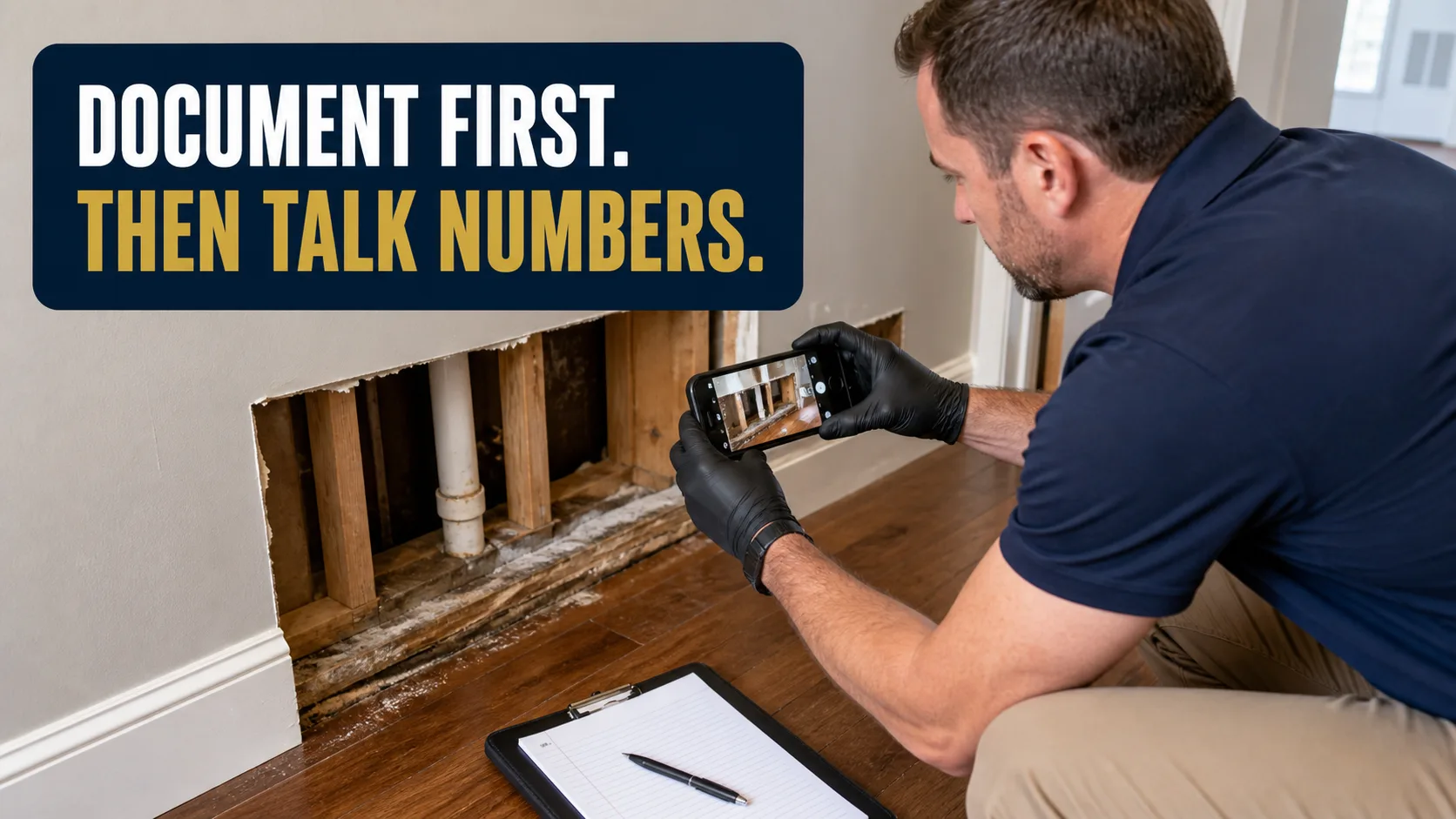 A technician wearing black gloves kneels on a wood floor, using a smartphone to photograph a section of a wall with exposed studs and a pipe, showing water damage. Caption on image: DOCUMENT FIRST. THEN TALK NUMBERS.