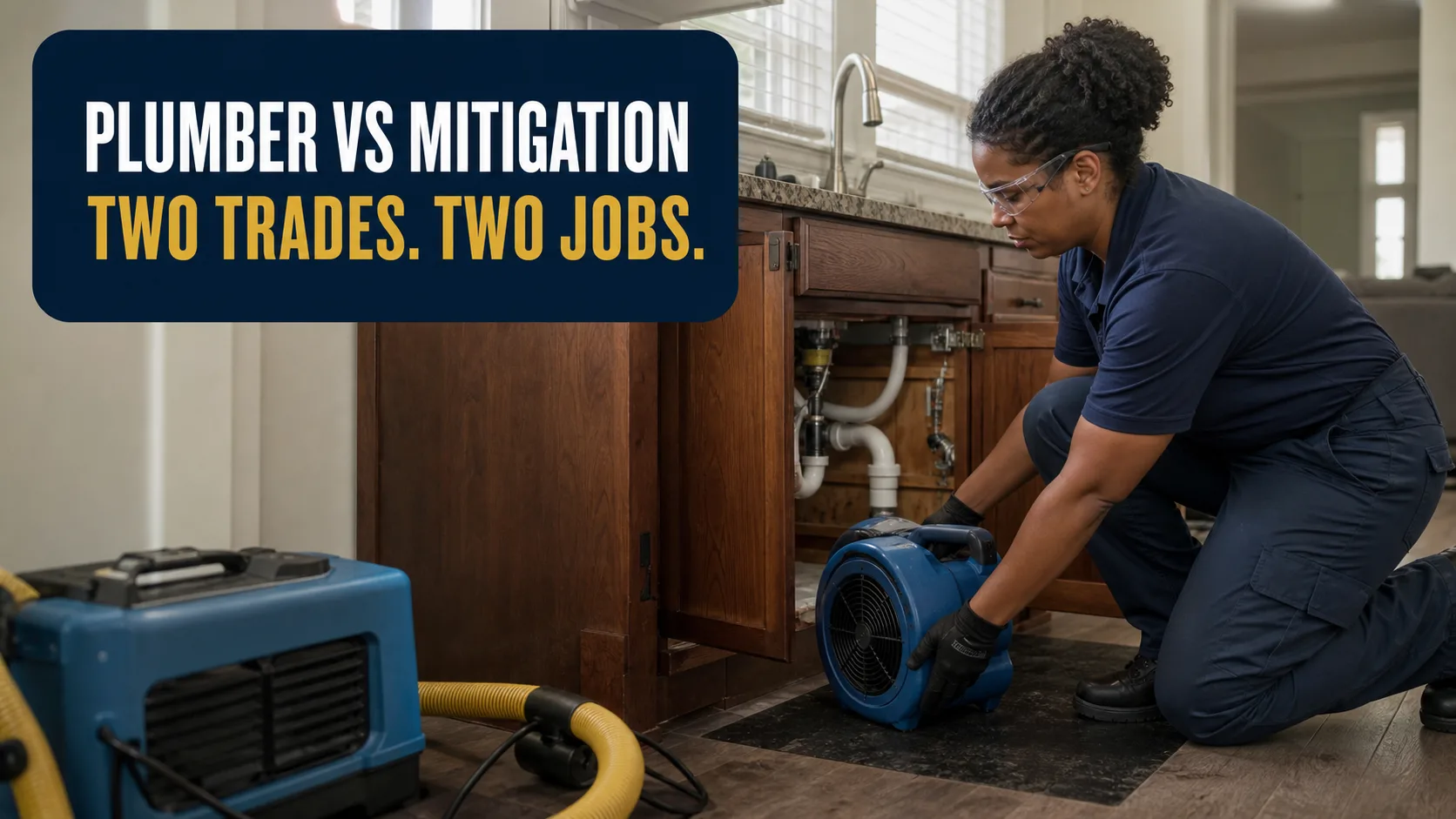 A technician wearing safety glasses and gloves kneels to place a blue air mover under a kitchen sink, with another air mover and yellow ducting visible on the floor. Caption on image: PLUMBER VS MITIGATION TWO TRADES. TWO JOBS.