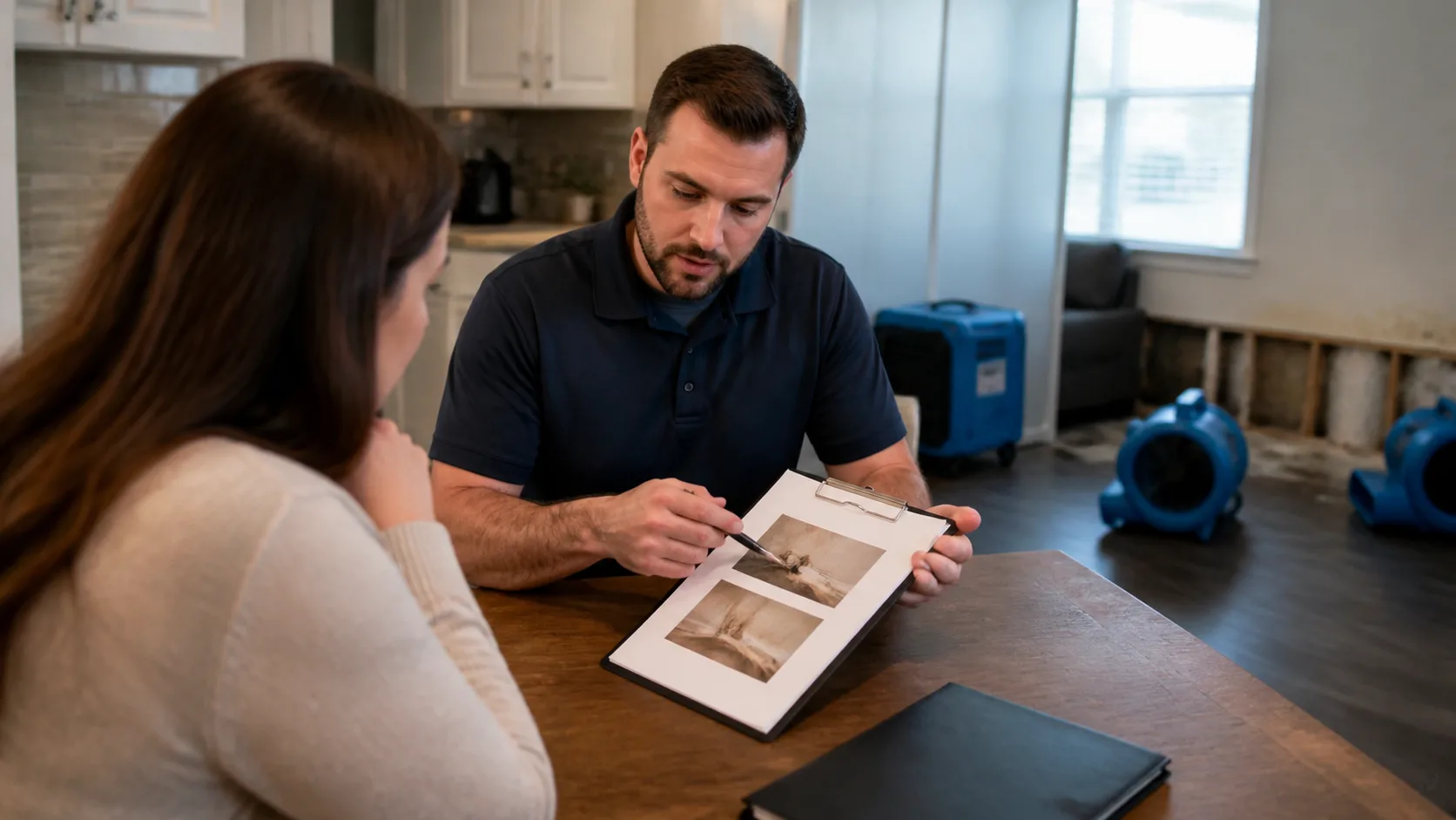 A technician points to photos on a clipboard while discussing water damage with a homeowner at a table, with drying equipment visible in the background.