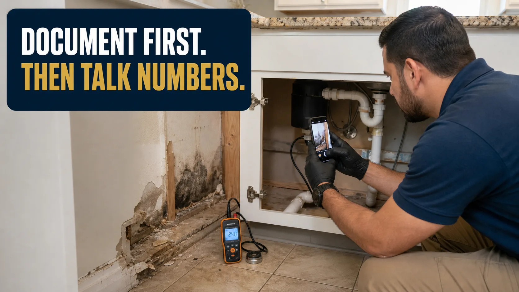 A technician wearing black gloves kneels to photograph mold damage on a wall under a kitchen sink, while a moisture meter displays "24.8" on the floor. Caption on image: DOCUMENT FIRST. THEN TALK NUMBERS.