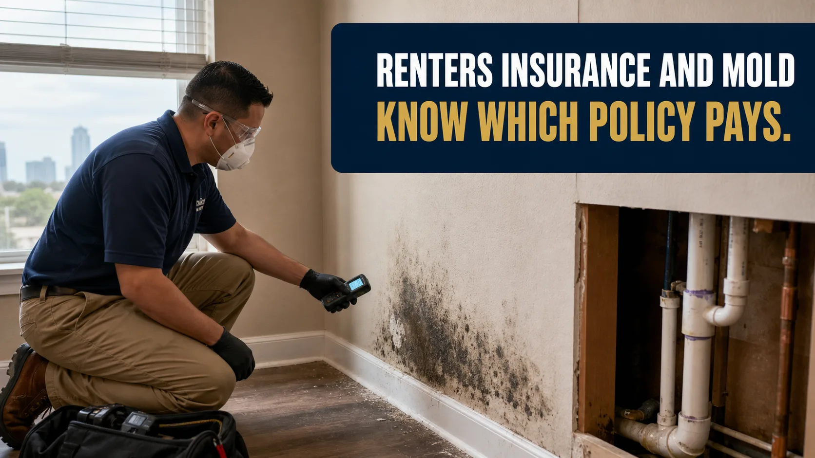 A technician wearing an N95 mask, safety glasses, and gloves kneels, holding a moisture meter to a wall with significant black mold growth, next to an exposed section of wall revealing plumbing pipes. Caption on image: RENTERS INSURANCE AND MOLD KNOW WHICH POLICY PAYS.