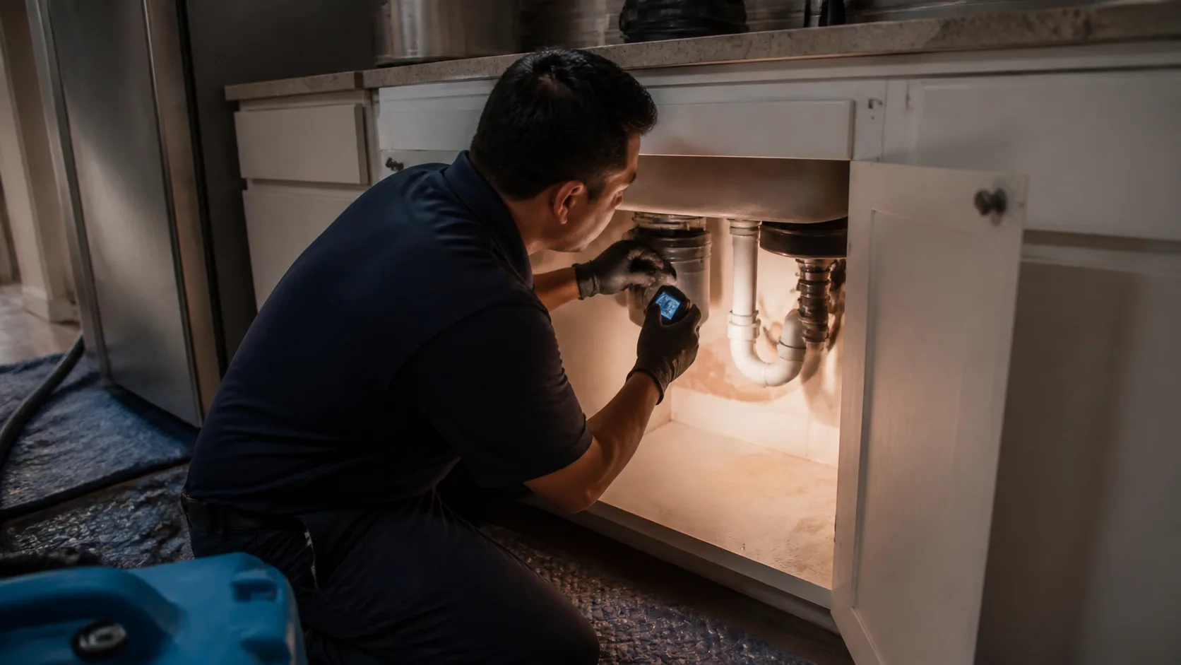 A technician wearing gloves kneels to inspect the plumbing under a kitchen sink with a small illuminated device.