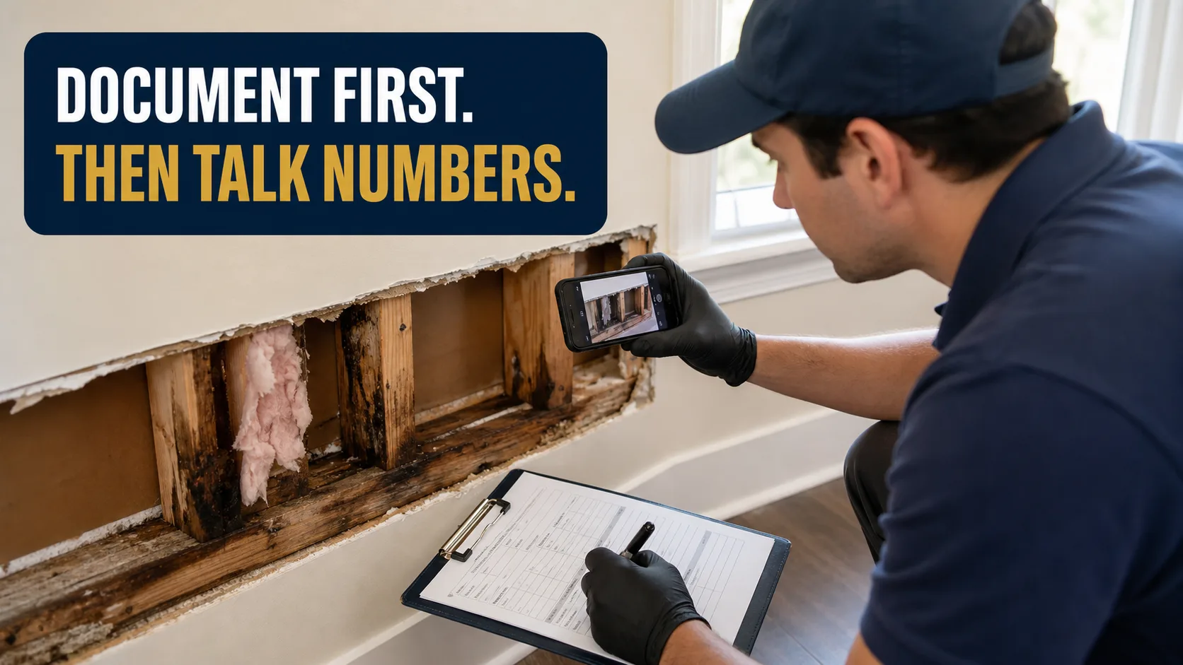 An inspector in a blue cap and black gloves photographs a section of a wall with exposed studs and insulation, showing water damage and mold, while also taking notes on a clipboard. Caption on image: DOCUMENT FIRST. THEN TALK NUMBERS.