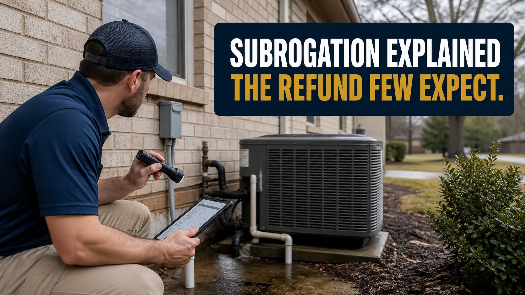 An inspector in a navy polo shirt and baseball cap kneels, holding a flashlight and tablet, examining an outdoor air conditioning unit next to a brick wall. Caption on image: SUBROGATION EXPLAINED THE REFUND FEW EXPECT.