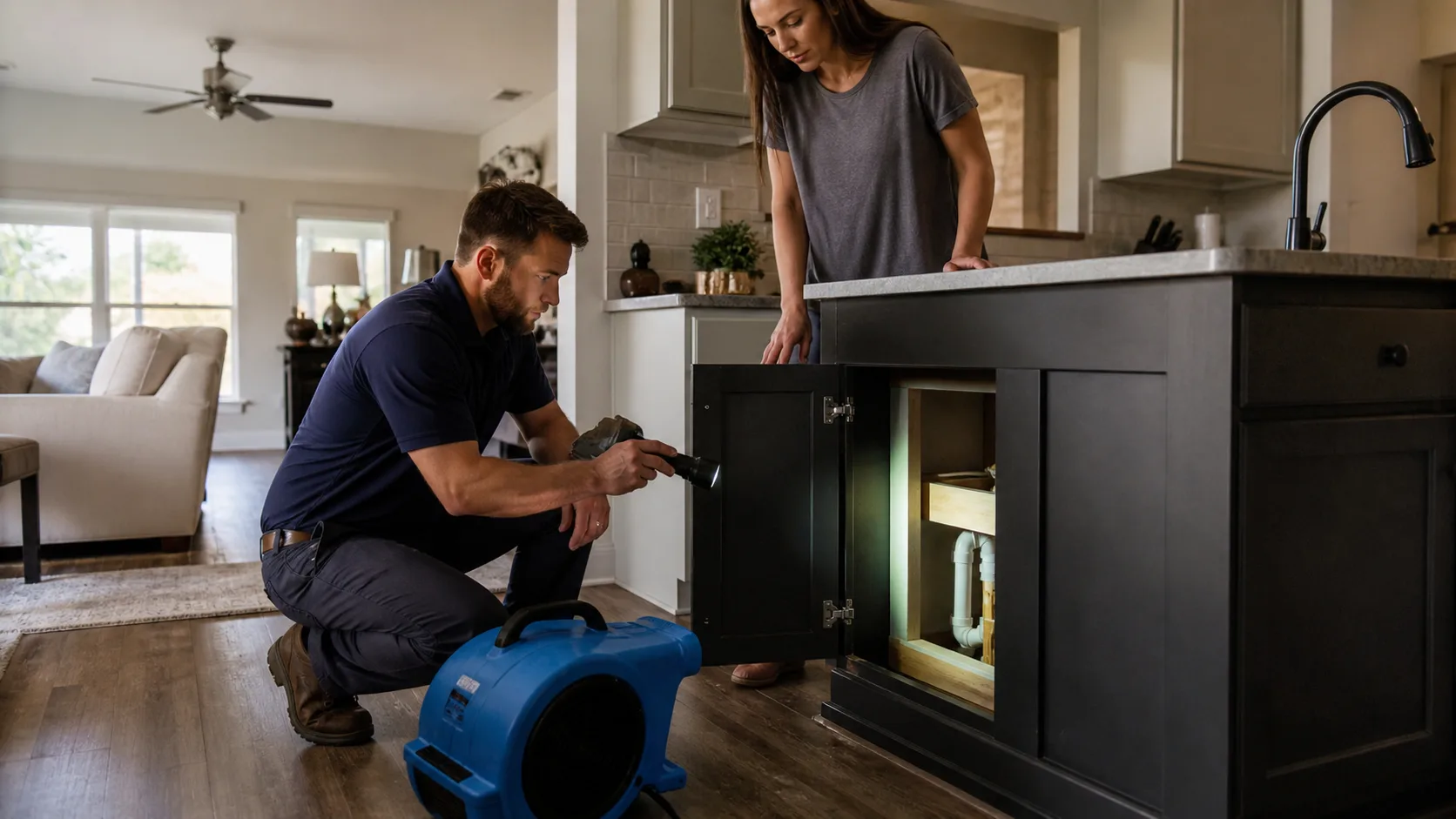 A technician kneels, shining a flashlight into an open kitchen island cabinet while a homeowner stands nearby, observing.