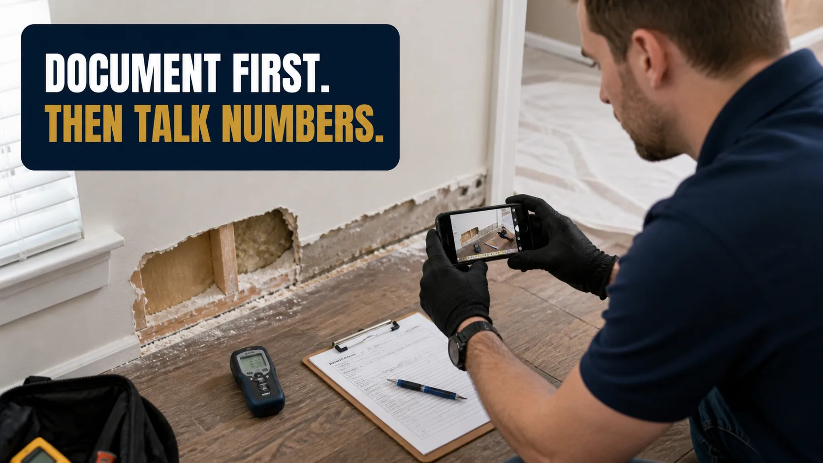 A technician wearing black gloves photographs a section of a damaged wall with a smartphone, documenting exposed studs and insulation, with a clipboard and moisture meter on the floor. Caption on image: DOCUMENT FIRST. THEN TALK NUMBERS.