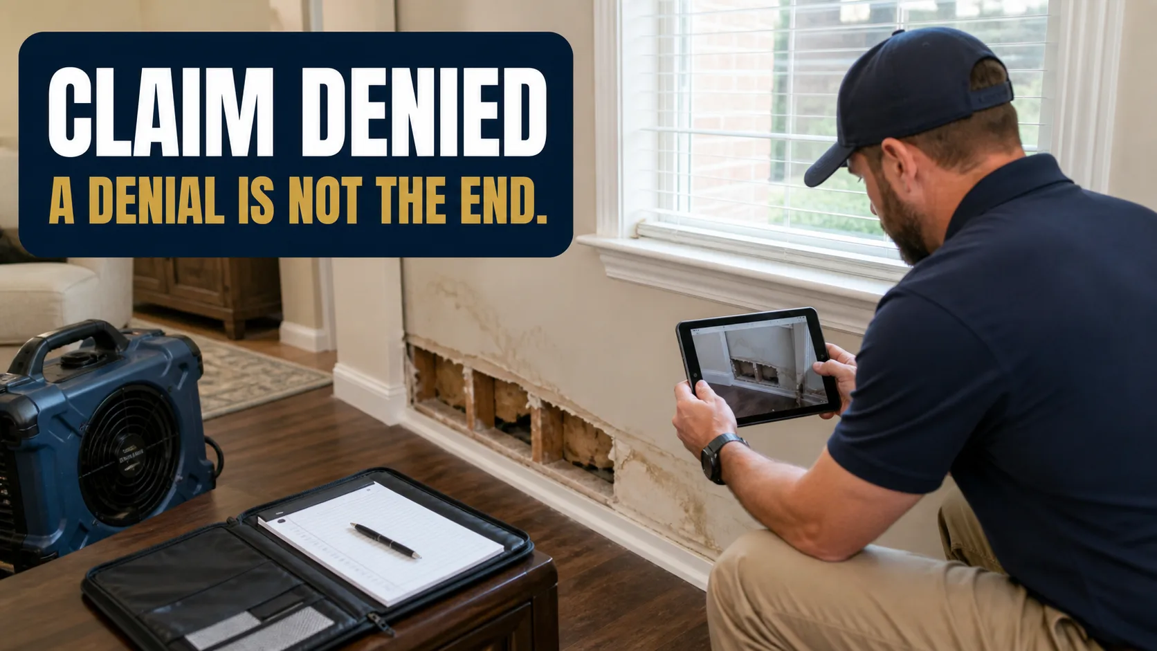 An inspector kneels, holding a tablet displaying an image of a damaged wall, while a blue air mover and a notebook sit on a table nearby. Caption on image: CLAIM DENIED A DENIAL IS NOT THE END.