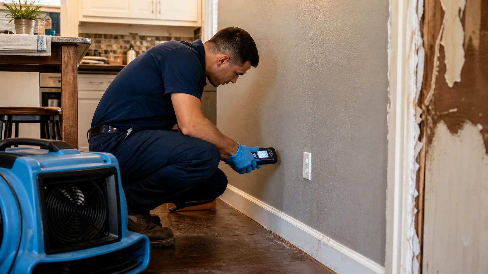 A technician wearing blue gloves crouches to inspect a wall with a handheld device, next to a blue air mover, in a room with water-damaged drywall.