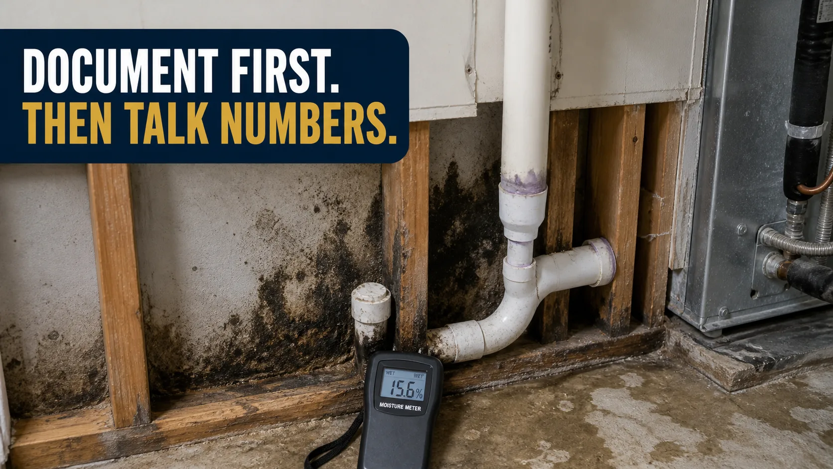 A moisture meter displays 15.6% wetness on a concrete wall with black mold, exposed wooden studs, and white PVC pipes. Caption on image: DOCUMENT FIRST. THEN TALK NUMBERS.