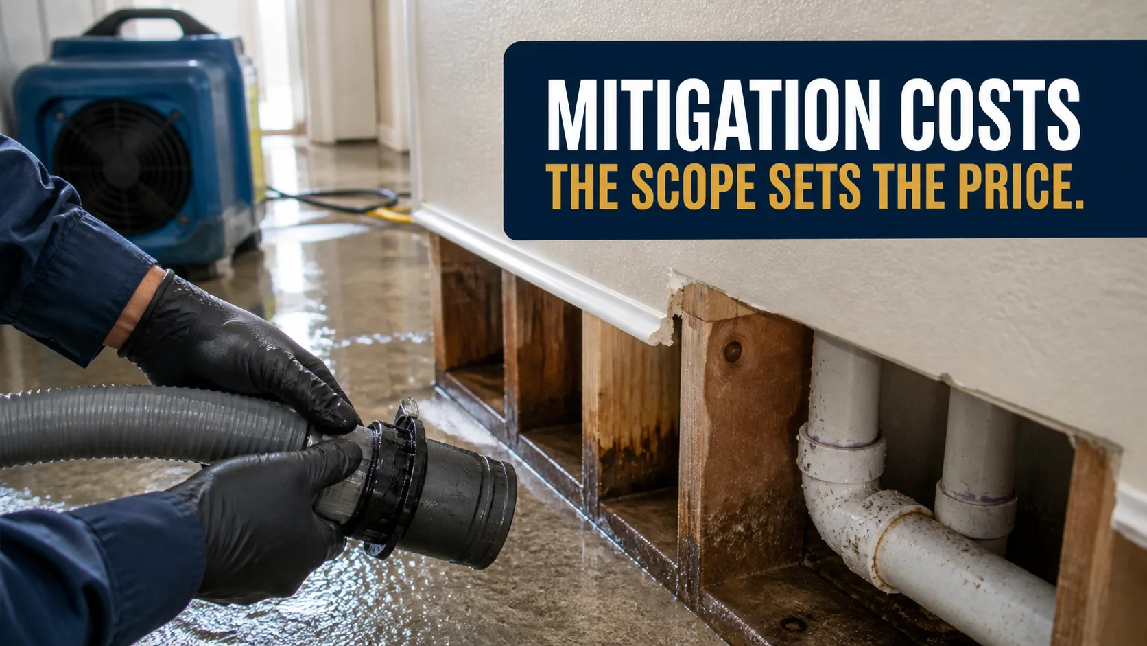 A technician wearing black gloves uses a water extraction hose on a wet concrete floor, with a blue air mover and exposed wall studs and pipes visible in the background. Caption on image: MITIGATION COSTS THE SCOPE SETS THE PRICE.