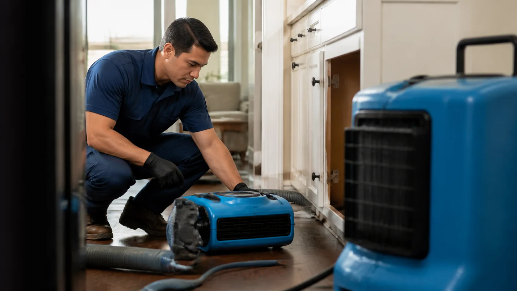 A technician wearing a blue uniform and black gloves crouches on a wood floor, operating a blue air mover with a hose near white kitchen cabinets.