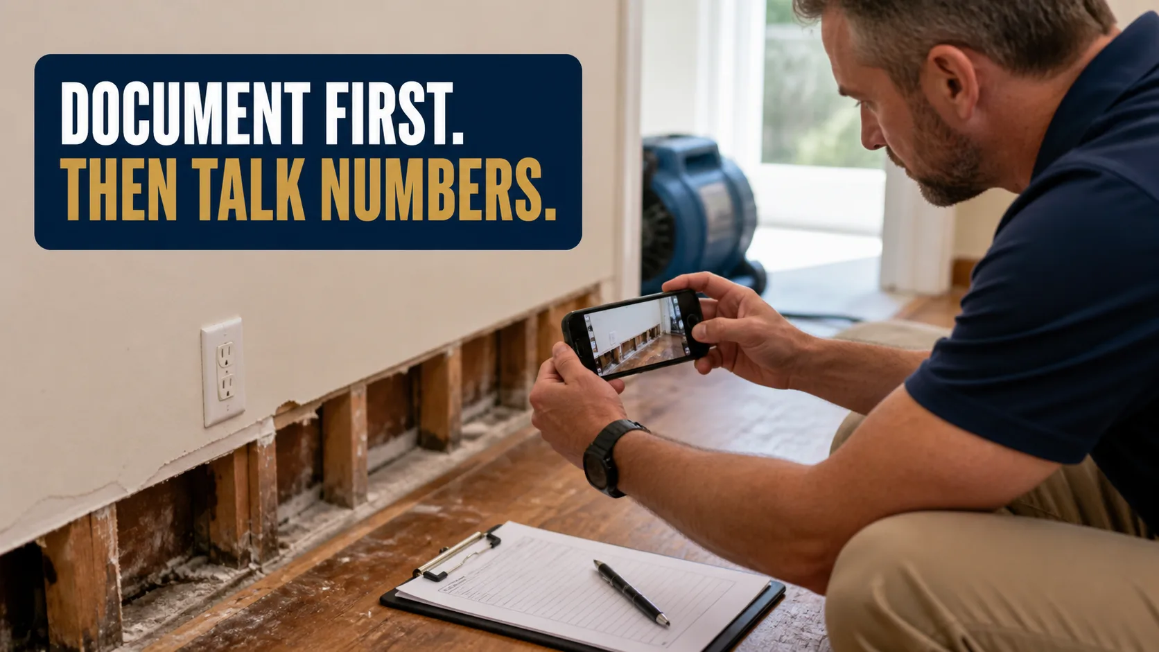 A restoration technician kneels on a wood floor, using a smartphone to photograph exposed wall studs and subfloor, with a clipboard and pen nearby. Caption on image: DOCUMENT FIRST. THEN TALK NUMBERS.