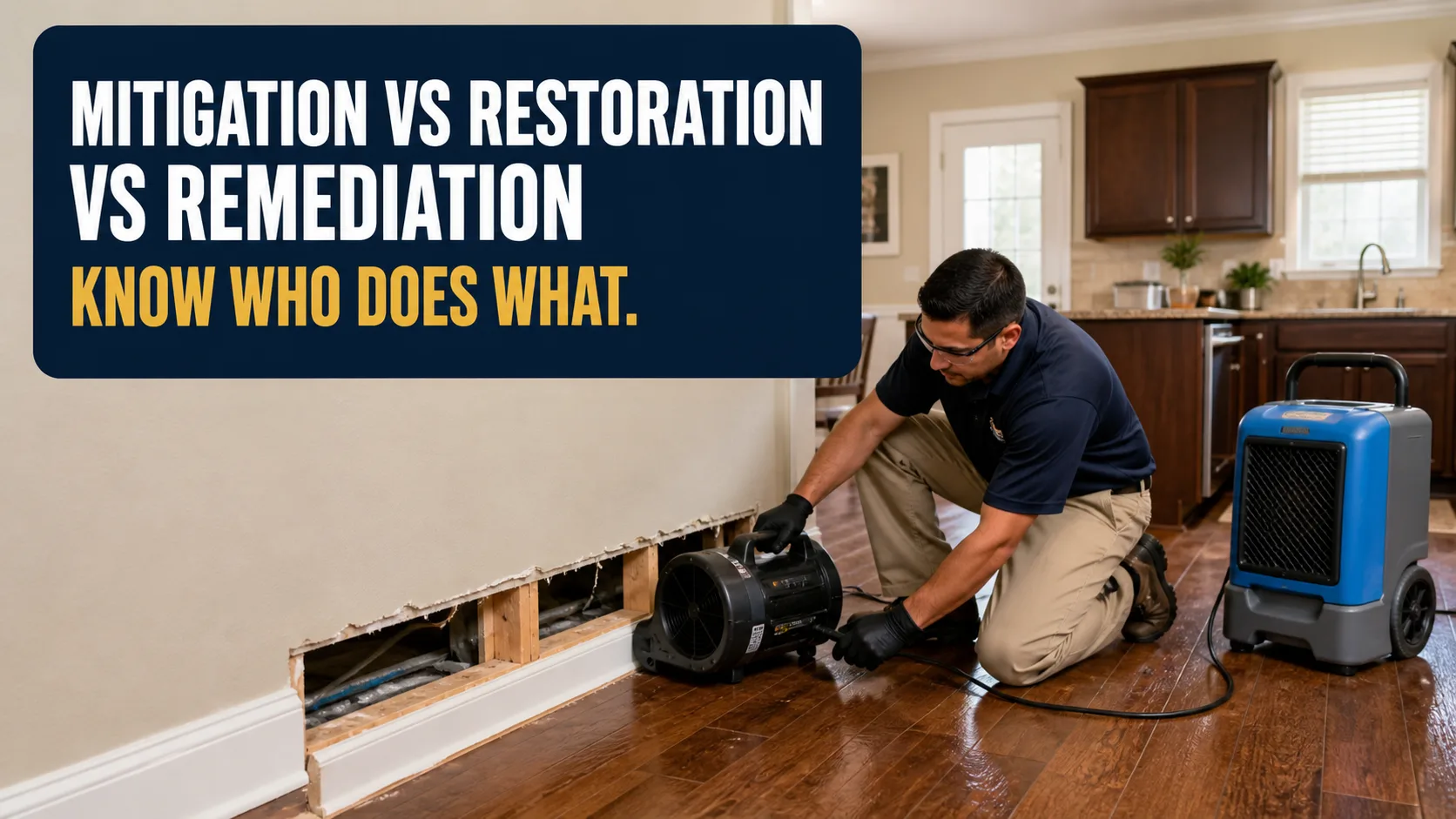 A technician in safety glasses and gloves kneels on a wood floor, aiming a large fan into a section of drywall removed to expose pipes and studs, with a dehumidifier nearby. Caption on image: MITIGATION VS RESTORATION VS REMEDIATION KNOW WHO DOES WHAT.