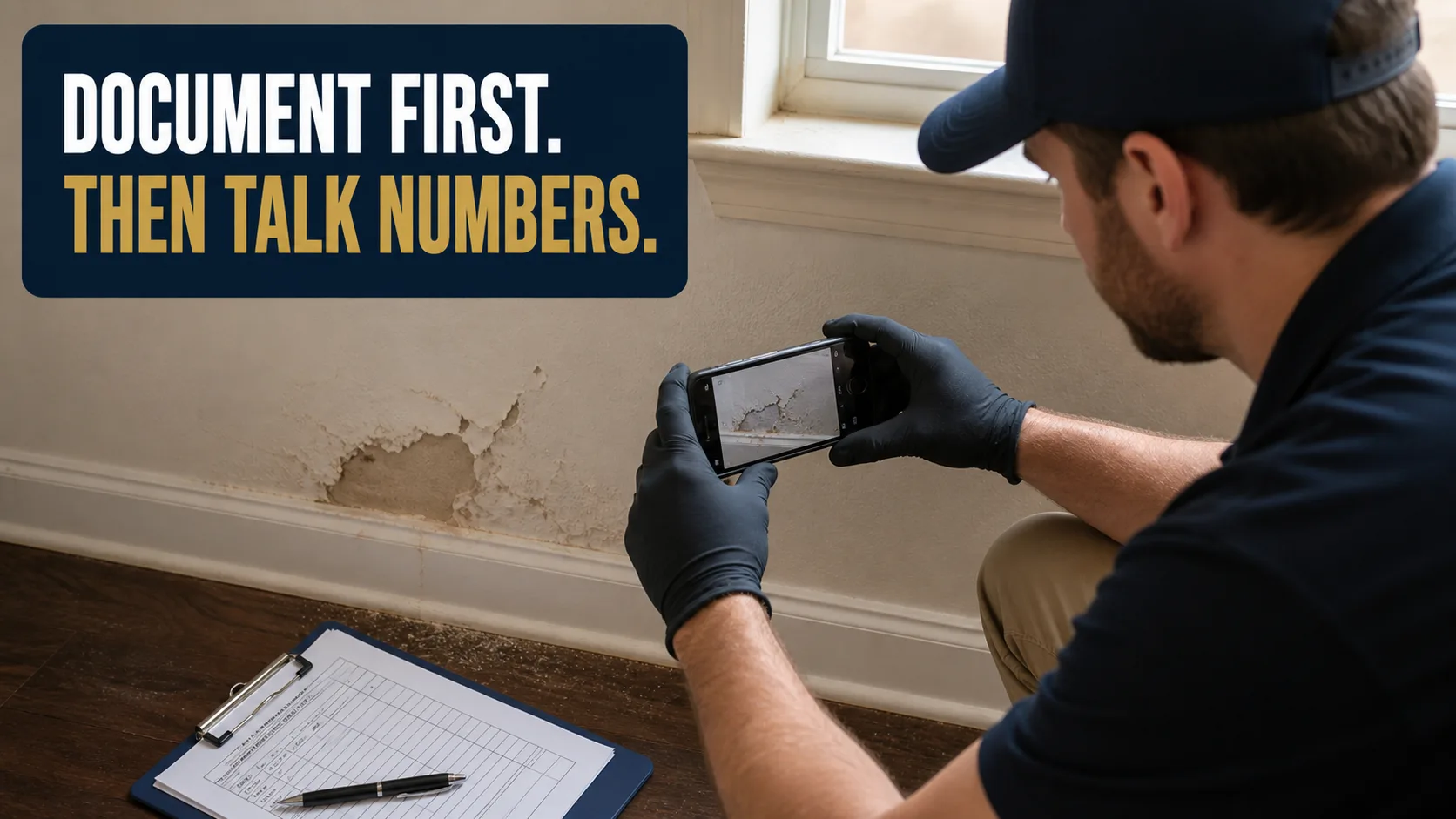 An inspector wearing black gloves photographs peeling paint and water damage on a wall with a smartphone, while a clipboard and pen rest on the floor. Caption on image: DOCUMENT FIRST. THEN TALK NUMBERS.