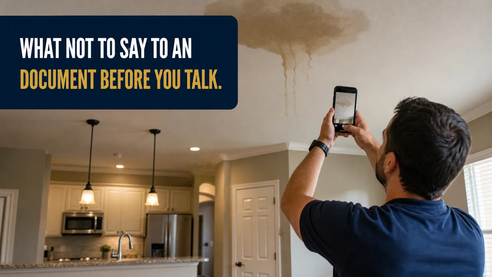 A homeowner stands in a living room, taking a photo of a large water stain on the ceiling with their smartphone; a kitchen is visible in the background. Caption on image: WHAT NOT TO SAY TO AN DOCUMENT BEFORE YOU TALK.