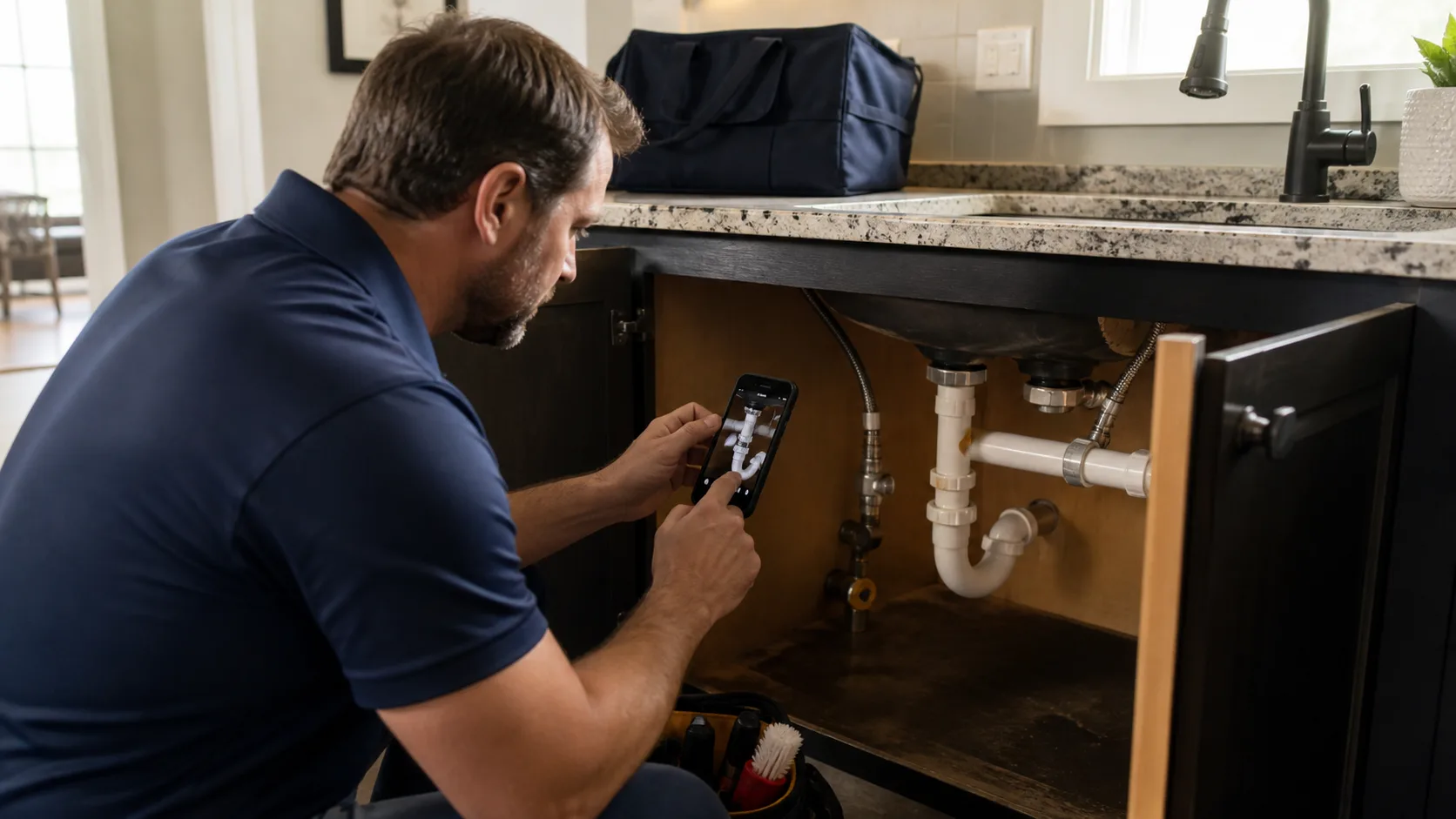 A technician kneels, holding a smartphone to photograph the plumbing pipes under a kitchen sink, with a tool bag nearby.