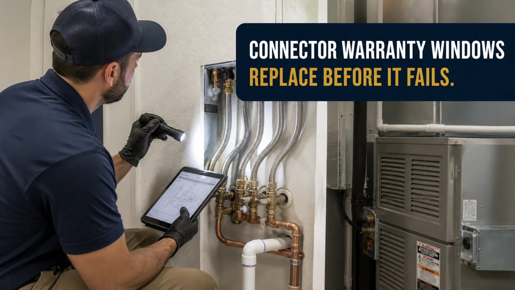 A technician wearing a cap and gloves shines a flashlight on a wall next to a water heater while holding a tablet. Caption on image: CONNECTOR WARRANTY WINDOWS REPLACE BEFORE IT FAILS.