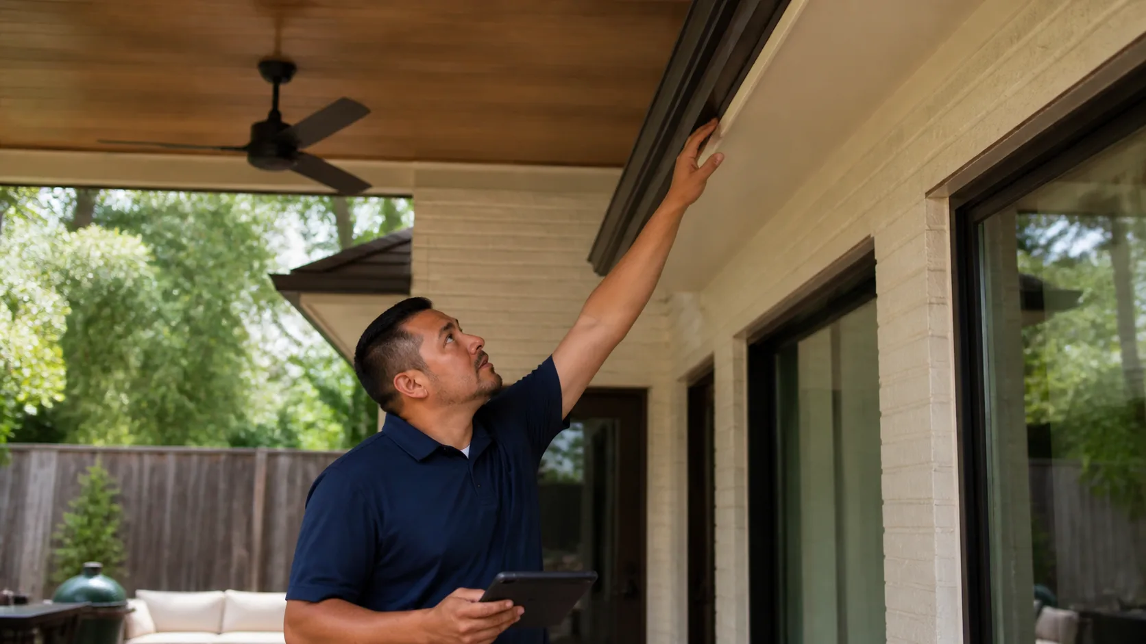 An inspector in a navy polo shirt holds a tablet and reaches up to examine the soffit of a house with a wooden patio ceiling and outdoor fan.