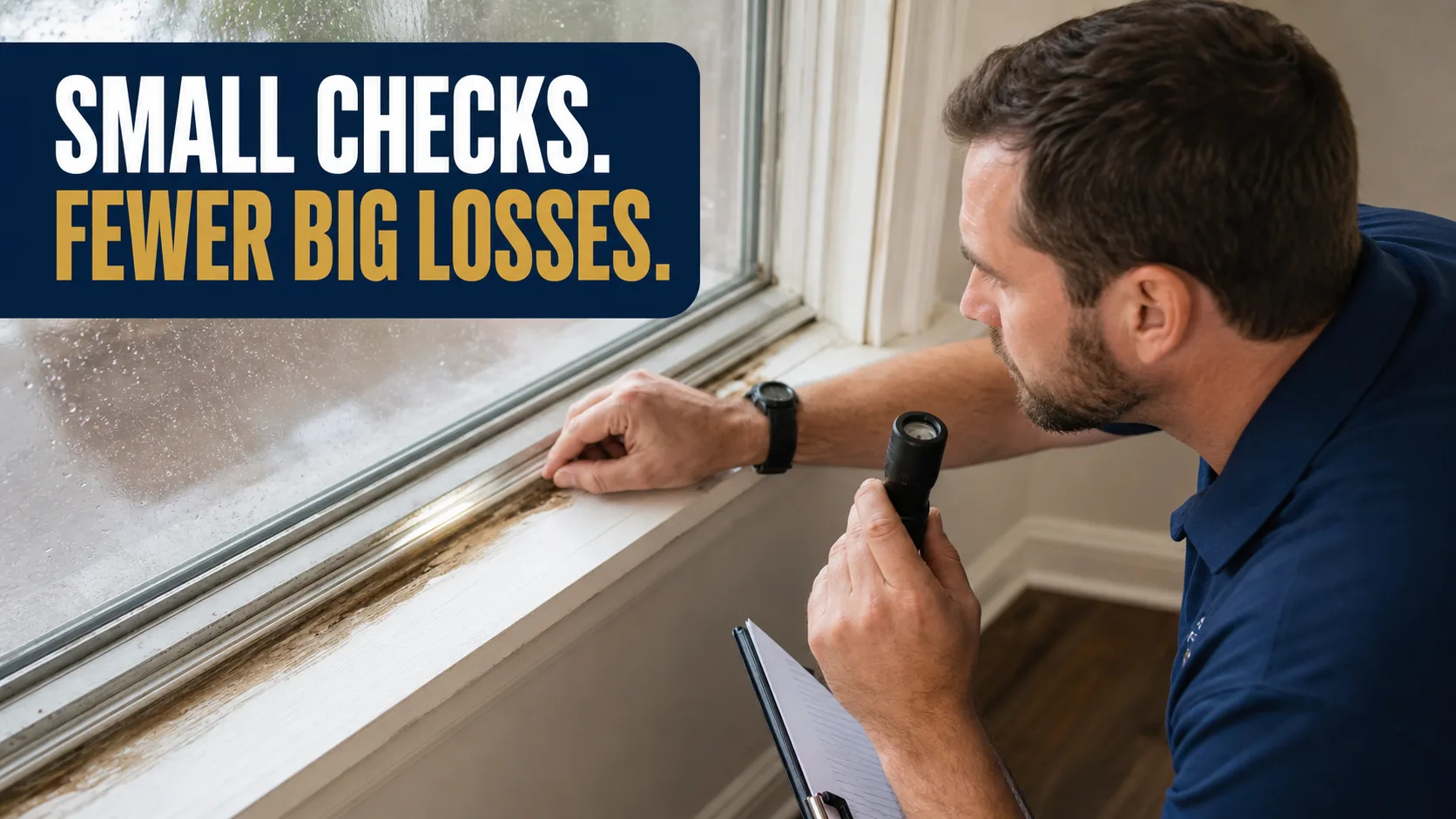 An inspector in a blue polo shirt uses a flashlight to examine dark mold growth along the bottom frame of a window. Caption on image: SMALL CHECKS. FEWER BIG LOSSES.