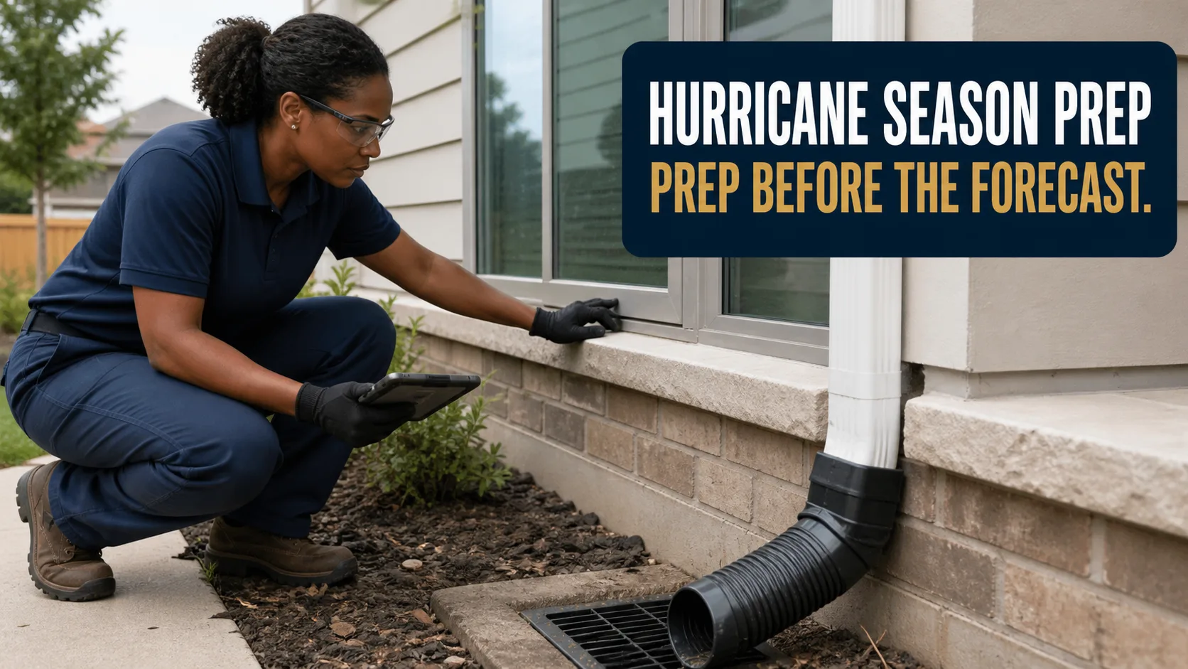 A technician wearing safety glasses and gloves crouches to inspect the base of a house next to a window, holding a tablet. Caption on image: HURRICANE SEASON PREP PREP BEFORE THE FORECAST.