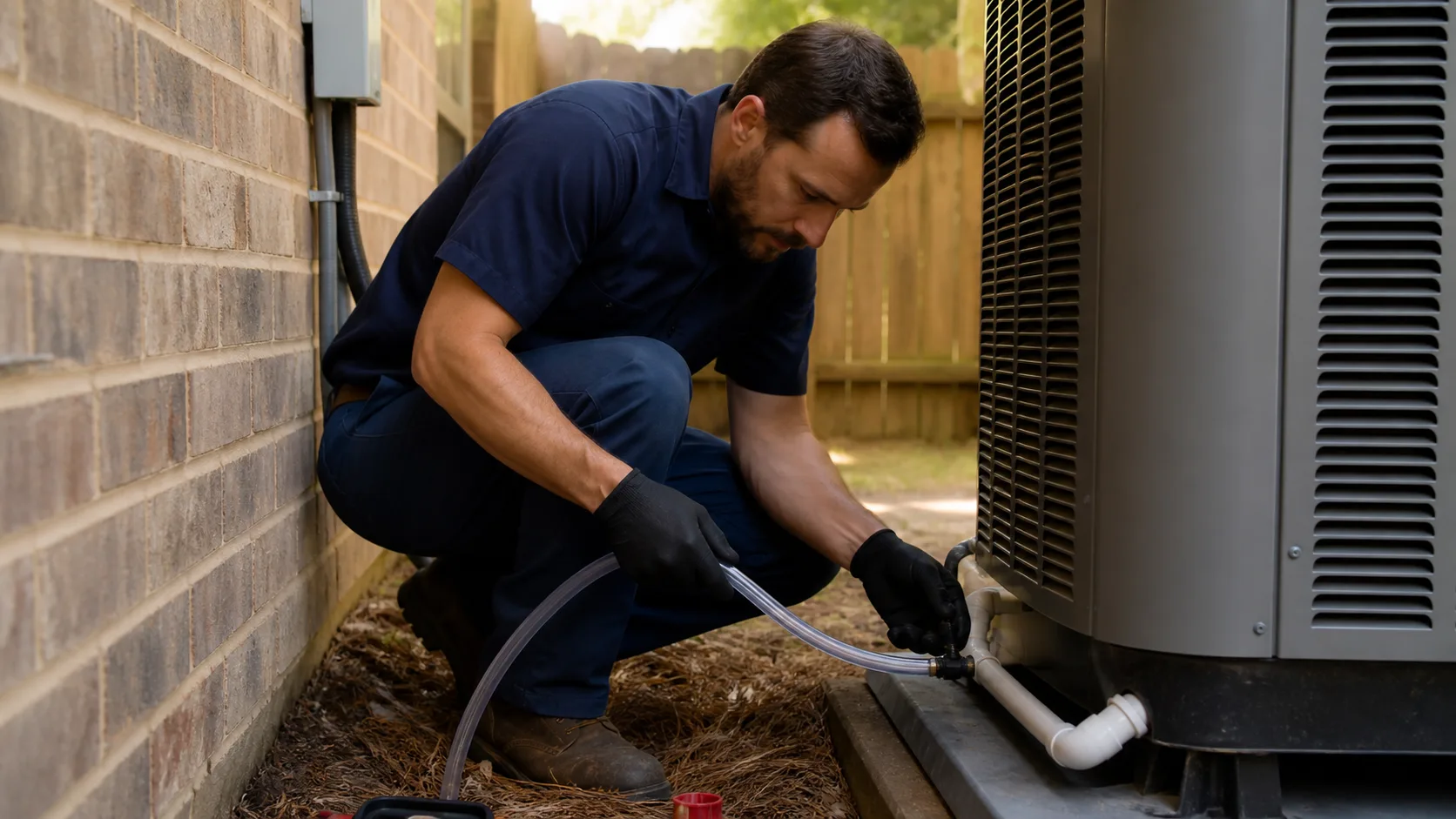 A technician wearing black gloves crouches next to an outdoor HVAC unit, connecting a clear hose to a white PVC drain line.