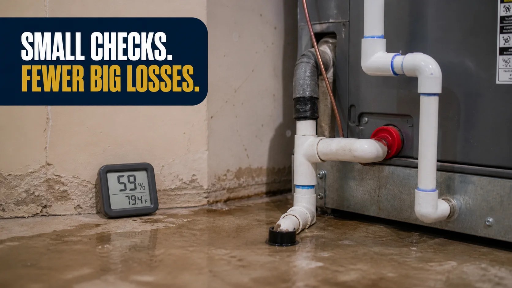 A digital hygrometer showing 59% humidity and 79.4°F sits on a wet concrete floor next to a wall with water damage and an HVAC unit with PVC drain pipes. Caption on image: SMALL CHECKS. FEWER BIG LOSSES.