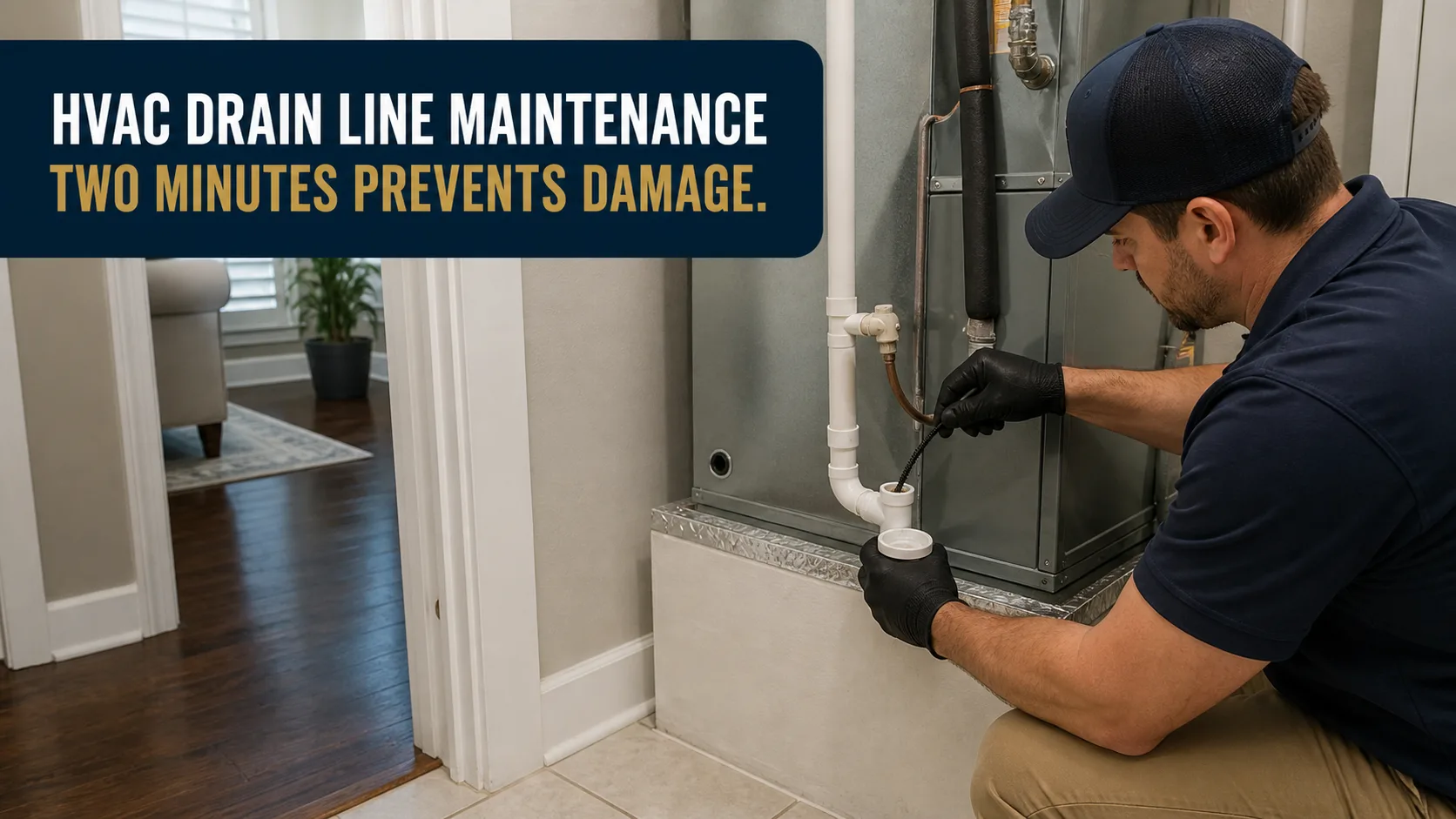 A technician wearing a dark blue shirt, tan pants, and black gloves kneels to clean the white PVC drain line of an HVAC unit. Caption on image: HVAC DRAIN LINE MAINTENANCE TWO MINUTES PREVENTS DAMAGE.