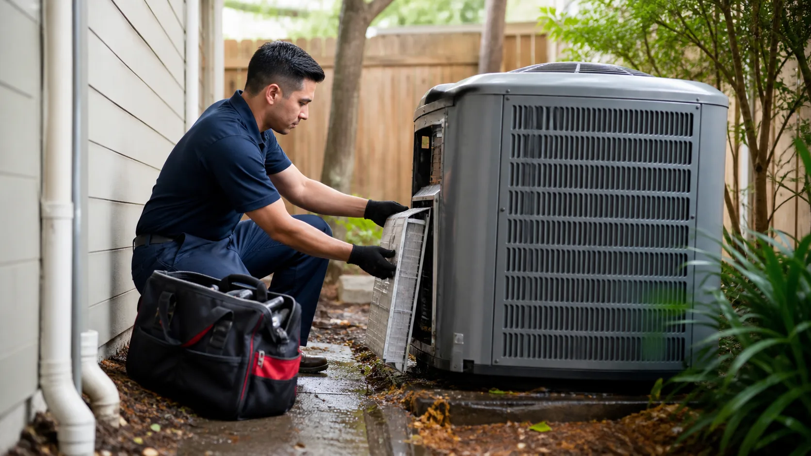 A technician wearing black gloves kneels beside an outdoor air conditioning unit, removing a filter for maintenance.