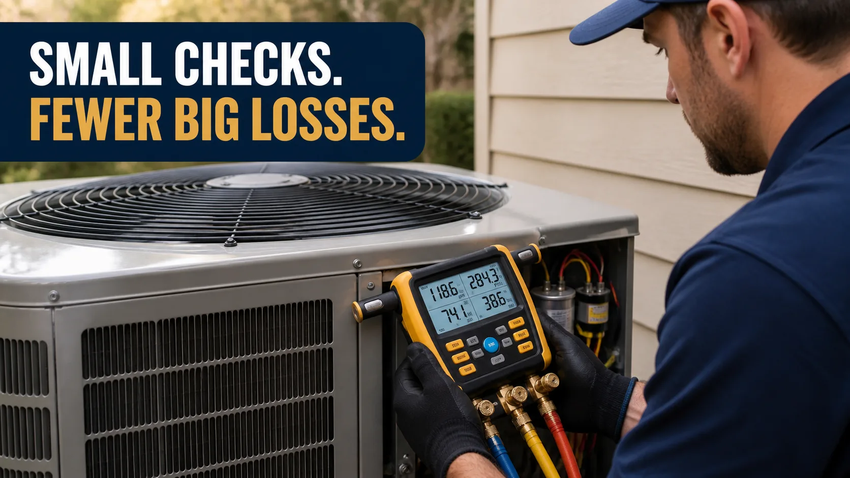 A technician wearing black gloves checks an outdoor air conditioning unit with a digital manifold gauge, showing various readings. Caption on image: SMALL CHECKS. FEWER BIG LOSSES.