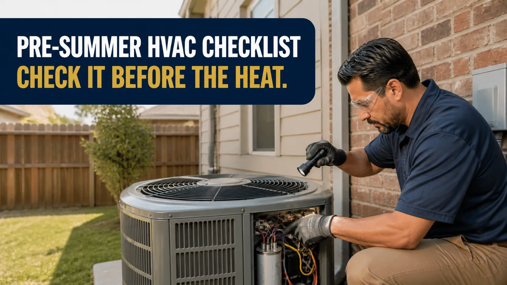 A technician wearing safety glasses and gloves uses a flashlight to inspect the internal components of an outdoor HVAC unit. Caption on image: PRE-SUMMER HVAC CHECKLIST CHECK IT BEFORE THE HEAT.