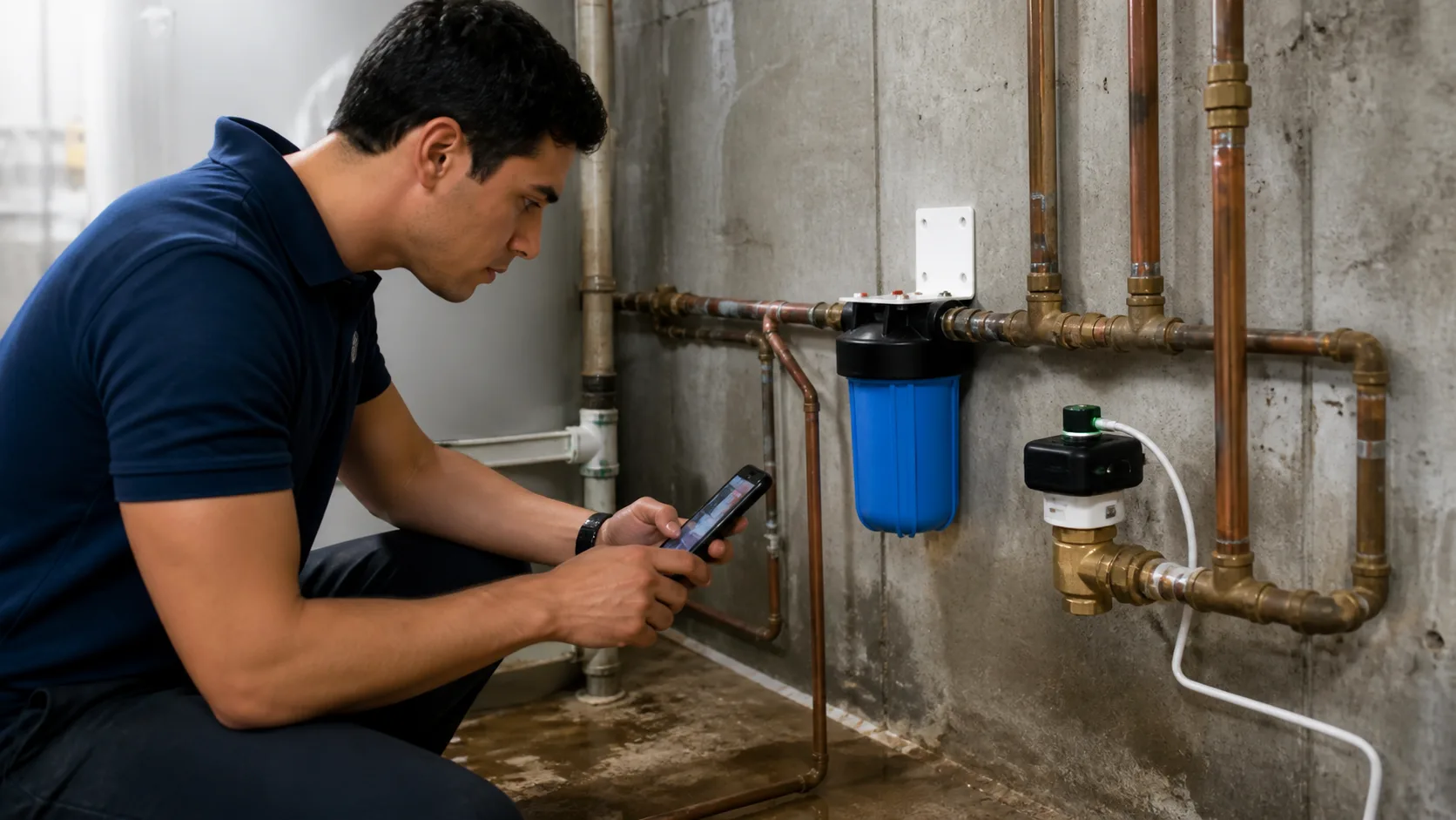 A technician crouches, looking at a smartphone while inspecting a water filtration system and copper pipes against a concrete wall.