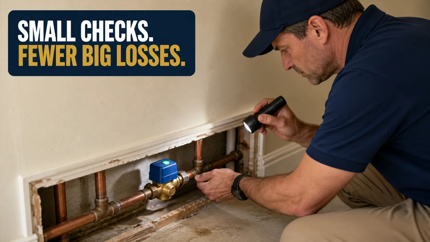 A technician wearing a blue cap and shirt kneels, shining a flashlight on copper pipes and a blue smart water valve exposed in a wall. Caption on image: SMALL CHECKS. FEWER BIG LOSSES.