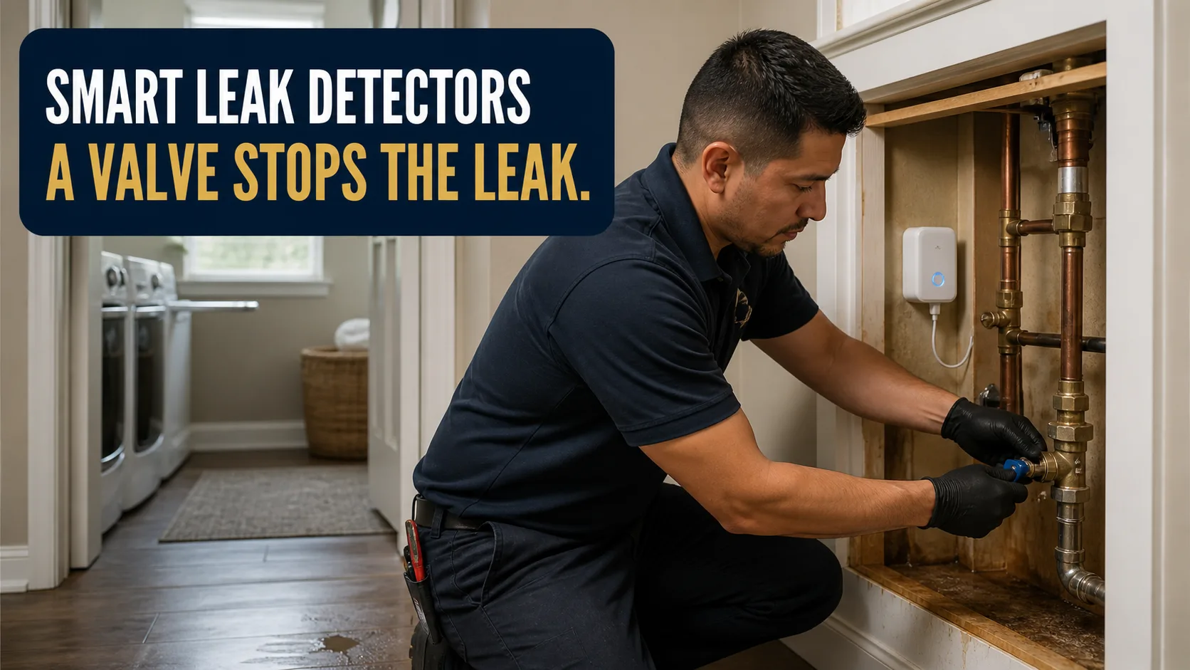 A technician wearing black gloves kneels to adjust a blue valve on copper plumbing pipes, with a white smart leak detector mounted on the wall behind them. Caption on image: SMART LEAK DETECTORS A VALVE STOPS THE LEAK.