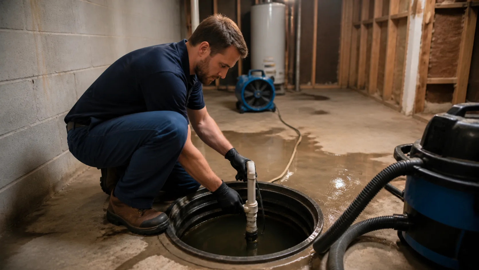 A technician wearing black gloves crouches over an open sump pump pit, adjusting a white pipe in the water, with a wet/dry vacuum and a blue air mover nearby in a basement.