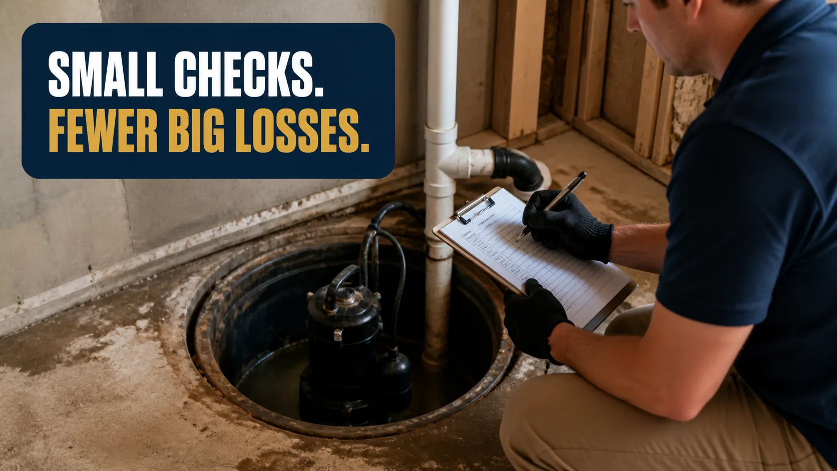 A technician wearing gloves kneels beside an open sump pump pit in a basement, writing on a clipboard while inspecting the pump. Caption on image: SMALL CHECKS. FEWER BIG LOSSES.