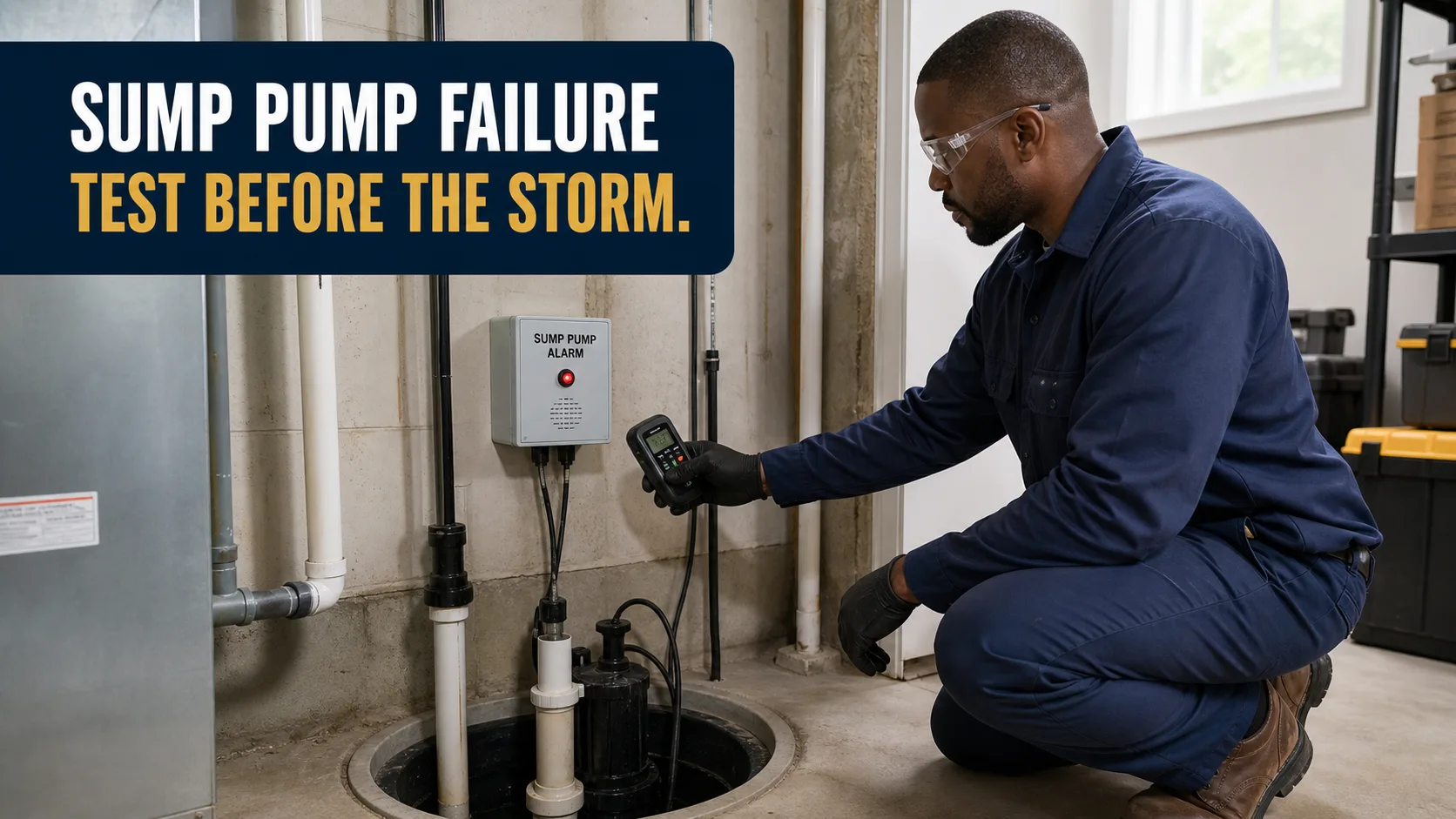 A technician wearing safety glasses and gloves kneels in a basement, holding a device near a sump pump and a sump pump alarm on the wall. Caption on image: SUMP PUMP FAILURE TEST BEFORE THE STORM.
