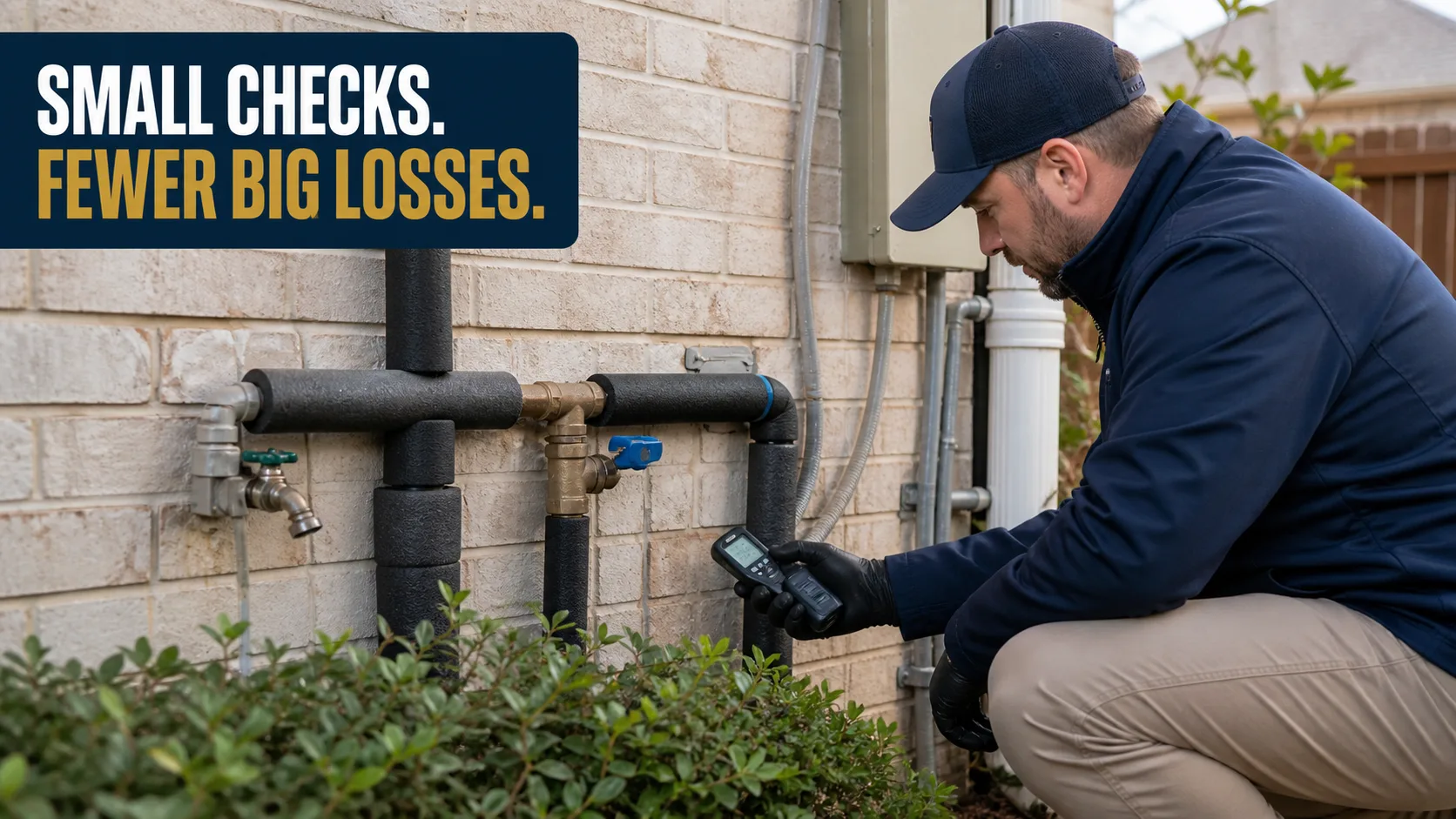 A technician wearing a dark blue jacket and cap crouches to inspect outdoor pipes insulated with black foam, holding a small device with a screen. Caption on image: SMALL CHECKS. FEWER BIG LOSSES.