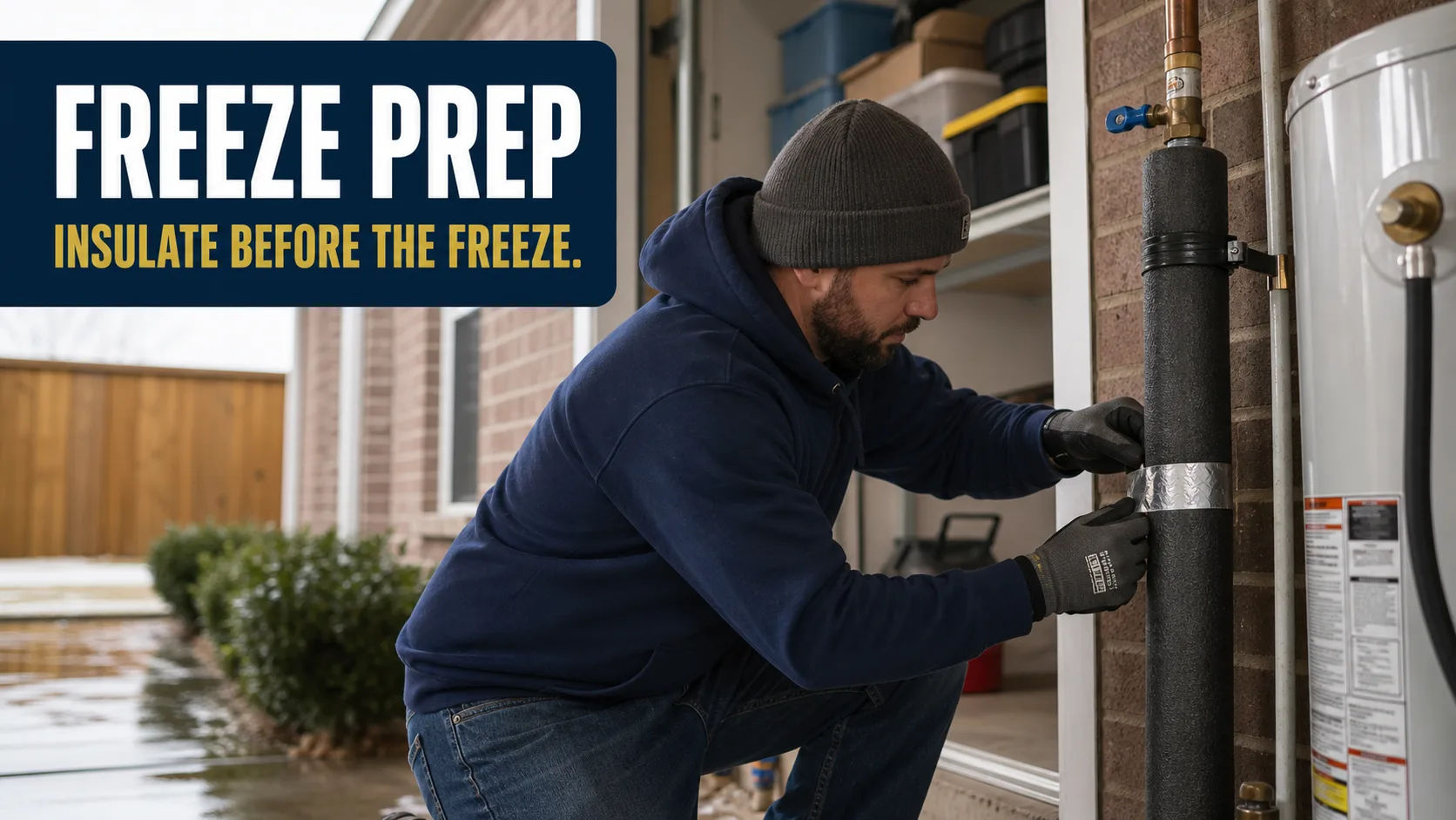 A technician wearing a beanie and gloves applies silver tape to black pipe insulation next to a water heater in a garage. Caption on image: FREEZE PREP INSULATE BEFORE THE FREEZE.