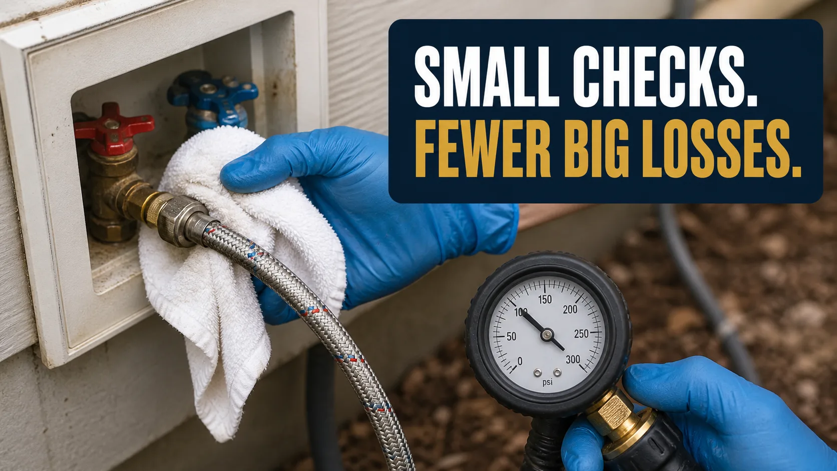 A technician wearing blue gloves checks a water hose connection with a white cloth and holds a pressure gauge, with two water valves visible in the background. Caption on image: SMALL CHECKS. FEWER BIG LOSSES.