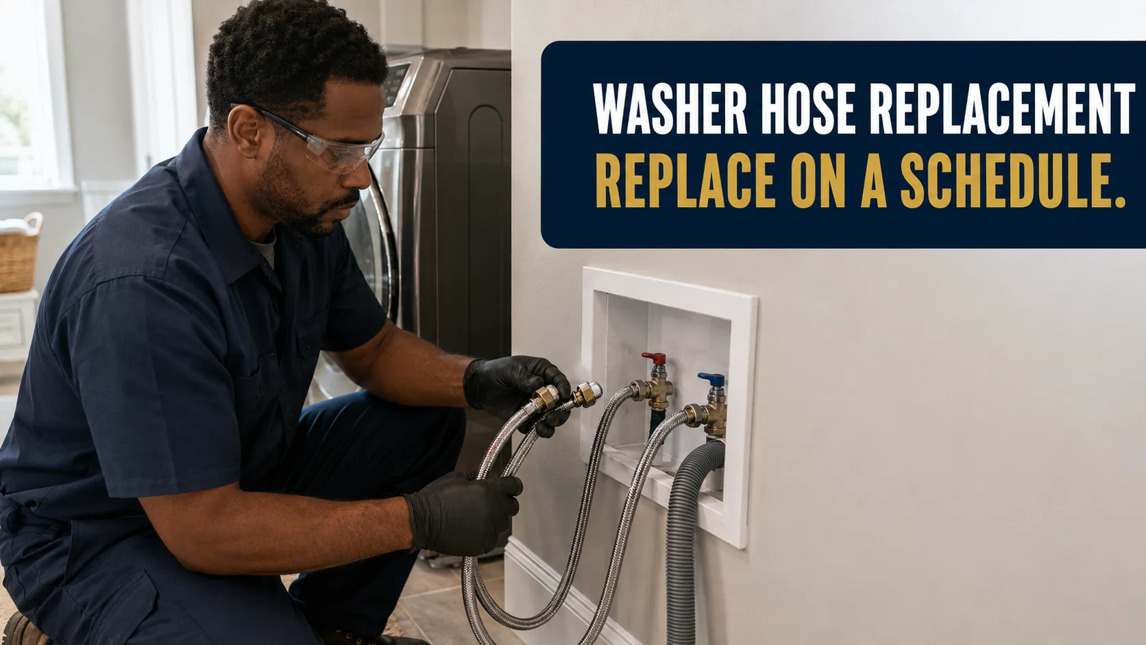 A technician wearing safety glasses and gloves kneels to connect a new washer hose to a water hookup in a laundry room. Caption on image: WASHER HOSE REPLACEMENT REPLACE ON A SCHEDULE.