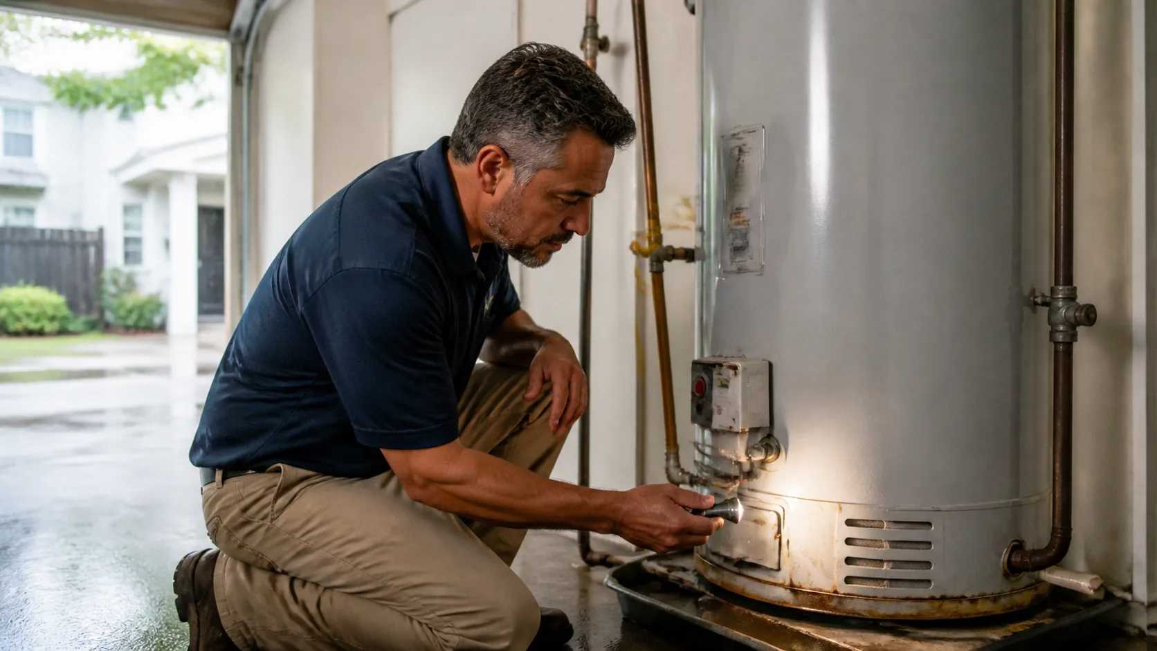 A technician kneels in a garage, shining a flashlight on the base of a leaking water heater, with rust and water visible in a pan below.