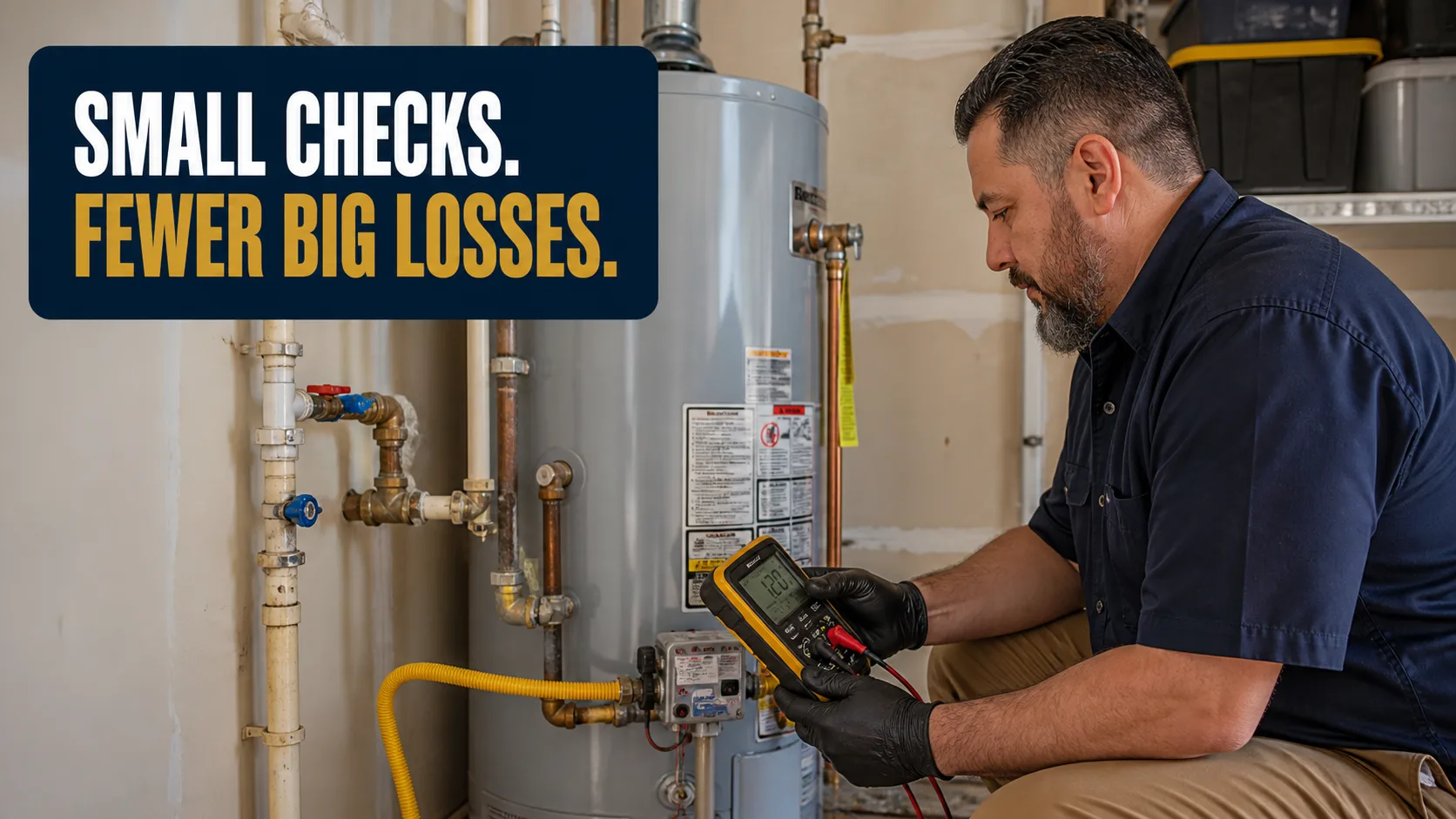A technician wearing black gloves crouches and uses a multimeter to check the electrical connections on a residential water heater. Caption on image: SMALL CHECKS. FEWER BIG LOSSES.