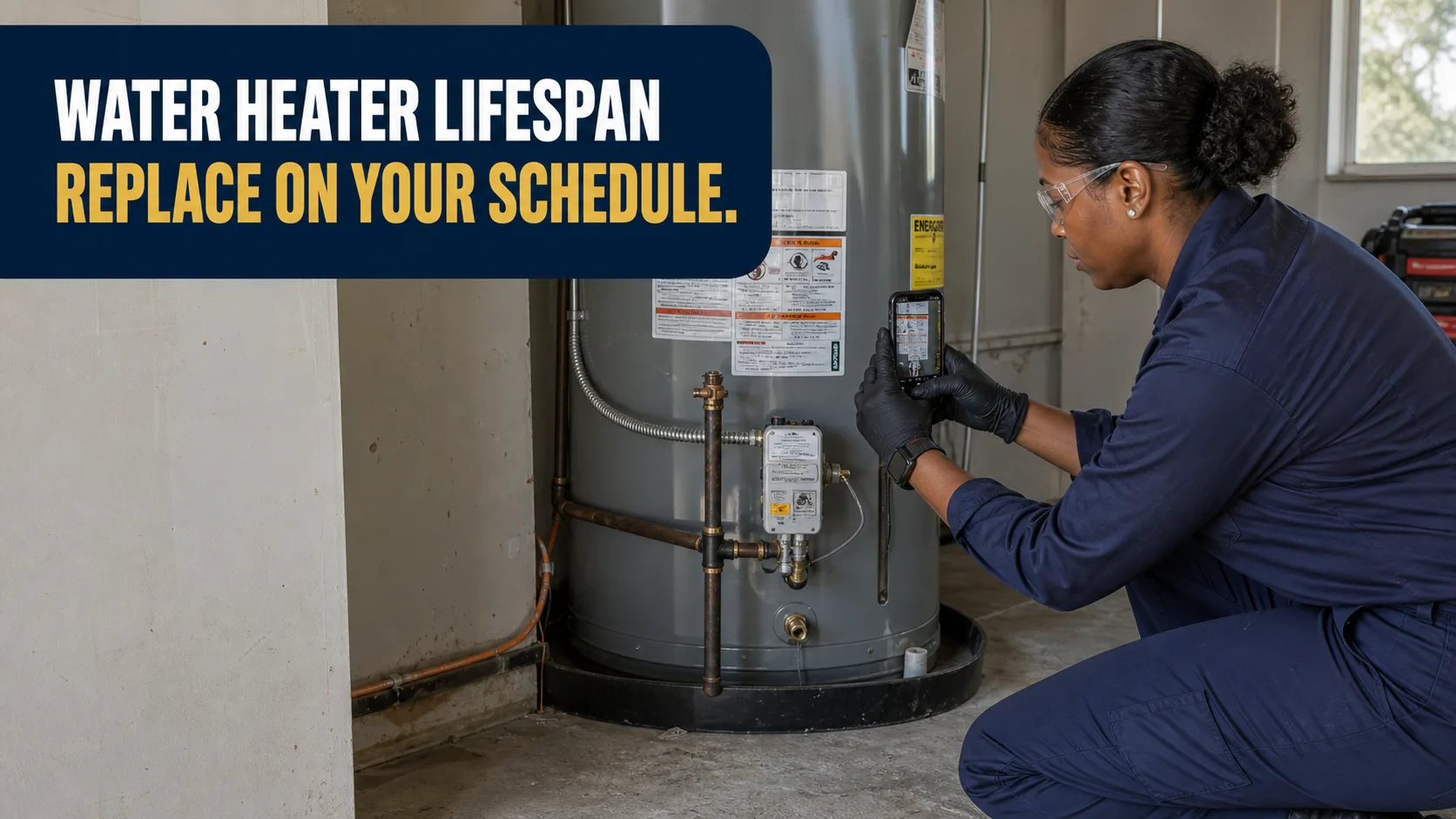 A technician wearing safety glasses and gloves kneels, using a smartphone to photograph a water heater and its connected pipes. Caption on image: WATER HEATER LIFESPAN REPLACE ON YOUR SCHEDULE.