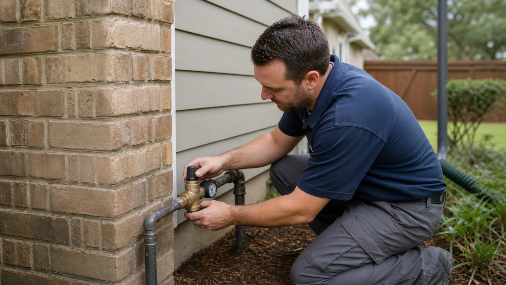 A technician kneels outdoors, adjusting a water pressure regulator and gauge on a pipe connected to a house with brick and siding.
