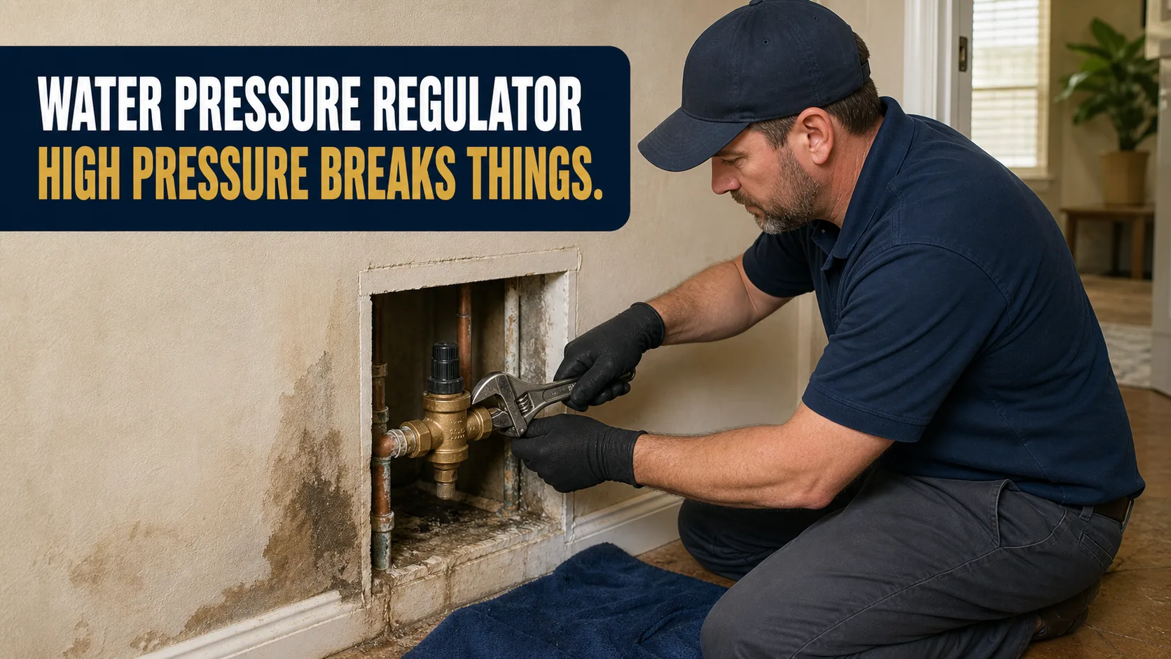 A technician wearing a dark blue shirt, cap, and black gloves kneels to adjust a brass water pressure regulator in a wall cutout with a wrench, while water damage and mold stain the surrounding wall. Caption on image: WATER PRESSURE REGULATOR HIGH PRESSURE BREAKS THINGS.