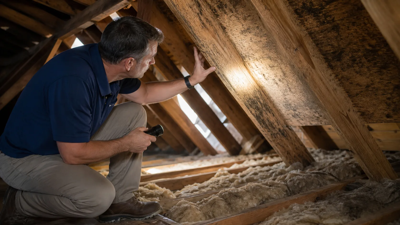 An inspector crouches in an attic, shining a flashlight on dark mold staining across wooden roof decking and rafters, with insulation visible below.