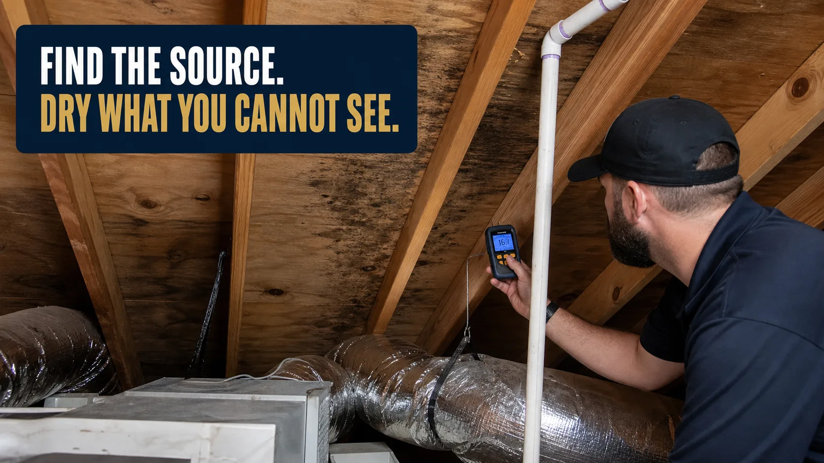 A technician in an attic holds a moisture meter up to the wooden roof decking, which shows dark mold staining. Caption on image: FIND THE SOURCE. DRY WHAT YOU CANNOT SEE.