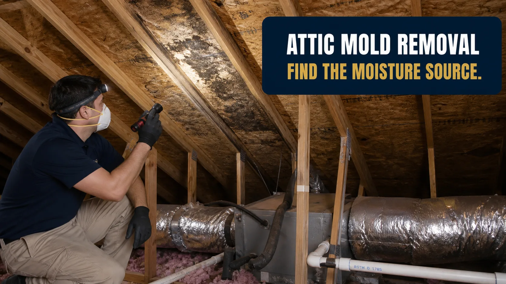 A technician wearing a headlamp, N95 mask, and gloves shines a flashlight on extensive black mold growth on the wooden roof decking in an attic, with insulation and HVAC ducts visible below. Caption on image: ATTIC MOLD REMOVAL FIND THE MOISTURE SOURCE.