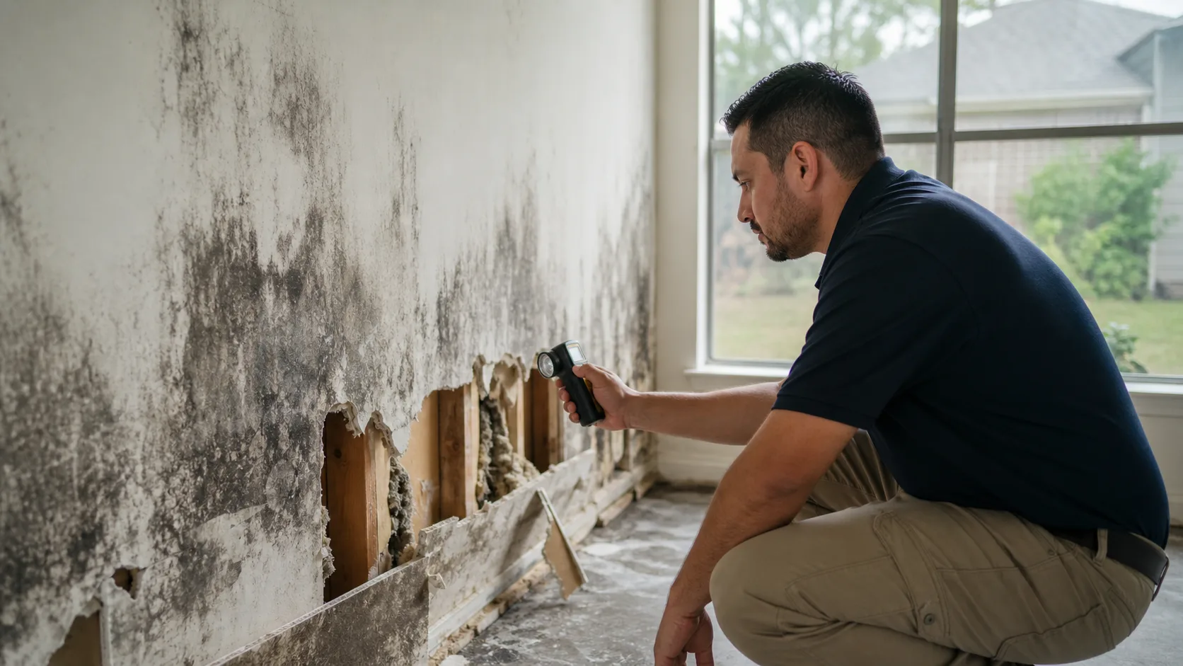A technician crouches, holding a moisture meter to a wall with extensive black mold and exposed studs and insulation, next to a window.
